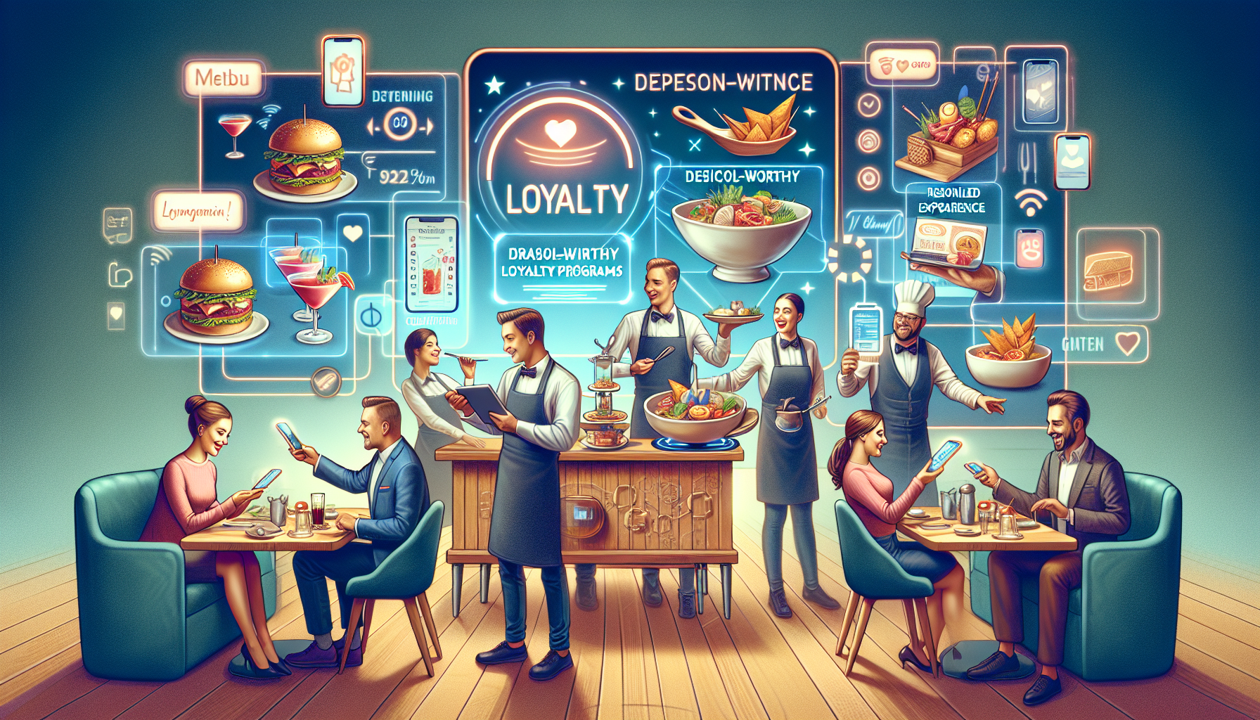 A futuristic restaurant scene where patrons use digital menus and devices. Waitstaff serve food while holographic screens display loyalty programs to build customer retention in restaurants, social interactions, and food information.