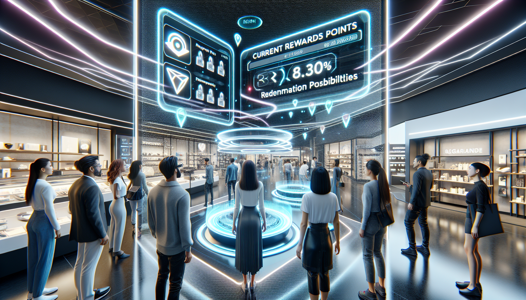 People standing in front of a futuristic digital display in a store, showcasing current customer rewards points and redemption possibilities. The atmosphere suggests a high-tech shopping experience with enticing membership benefits.