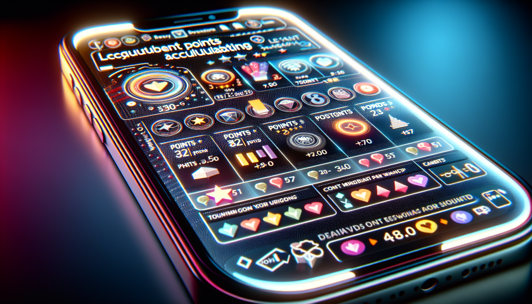 Close-up of a smartphone screen displaying a vibrant, neon-colored gaming app interface with an array of icons, points, and notifications. The app features a loyalty rewards system to engage users and enhance their experience.