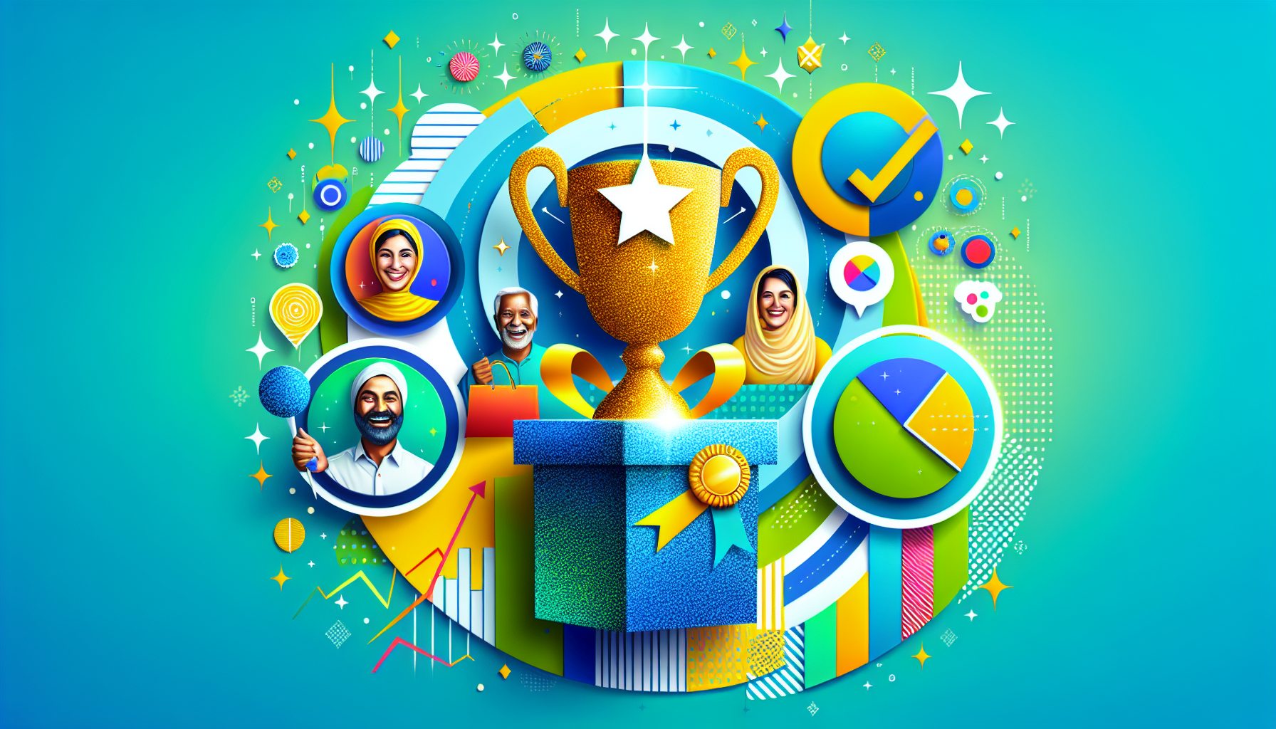 Bright illustration of a trophy surrounded by smiling individuals, charts, and icons, symbolizing achievement, data analysis, and teamwork. The background includes graphical elements with a blue and yellow theme, reflecting the benefits of using loyalty program software to enhance customer engagement.