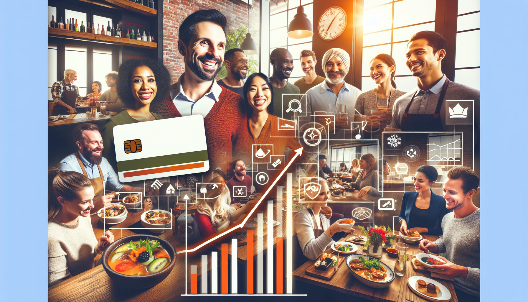 A diverse group of people enjoying a meal in a modern restaurant with overlapping graphics depicting financial growth charts, food icons, and a credit card, highlighting the impact of a loyalty points system on personalized customer experience.