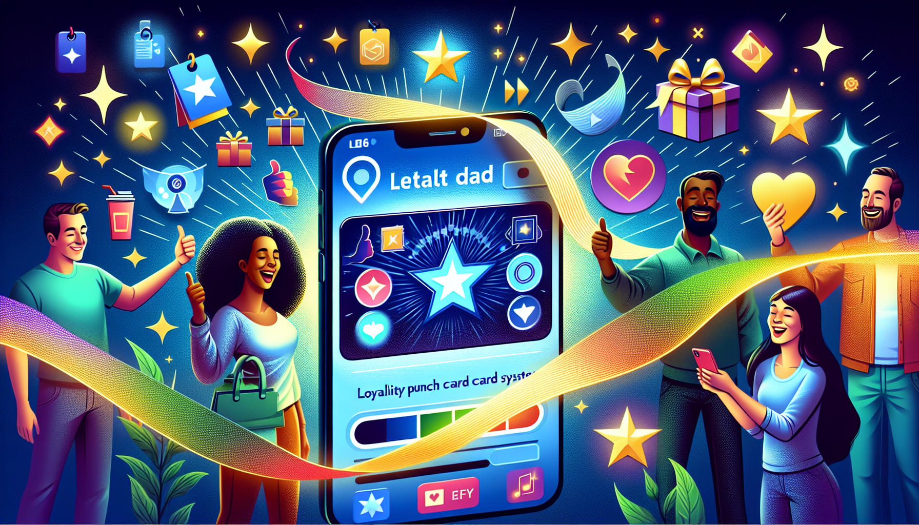 A smartphone screen displays a loyalty rewards app with a star badge. Diverse group of people around, smiling and giving thumbs up, holding phones. Icons of hearts, gifts, and stars float in the background, celebrating customer loyalty programs and digital punch cards.