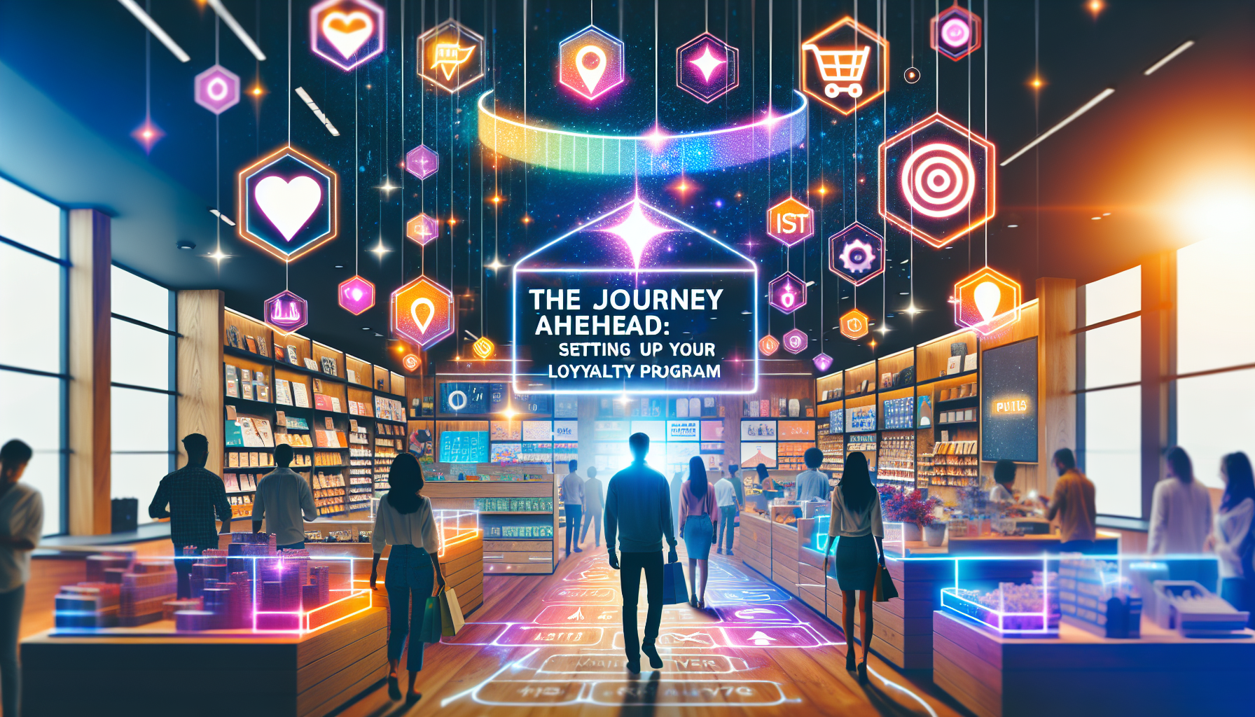 A futuristic store with digital icons floating above the aisles features a central sign that reads "The Journey Ahead: Setting Up Your Loyalty Platform." Shoppers navigate the brightly lit space, exploring customer retention tools integrated into an intuitive environment.