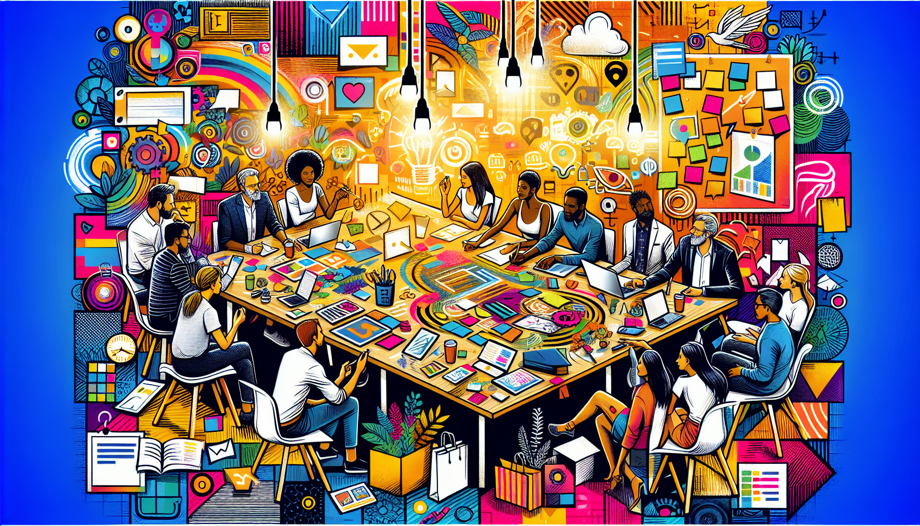 A diverse group of people sits around a large table cluttered with papers, laptops, and stationery, engaged in a collaborative meeting to brainstorm creative loyalty program names. The background is filled with vibrant, colorful illustrations.