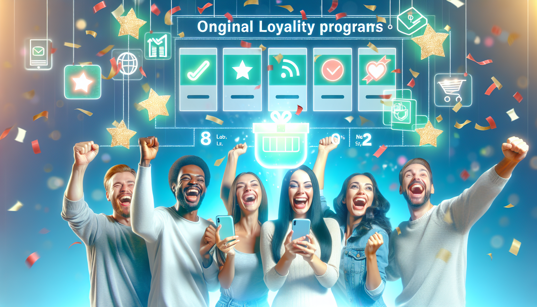 A diverse group of six joyful people hold their smartphones up in celebration. Above them, holographic icons display creative loyalty program names with rewards and benefits shimmering amid confetti and stars.