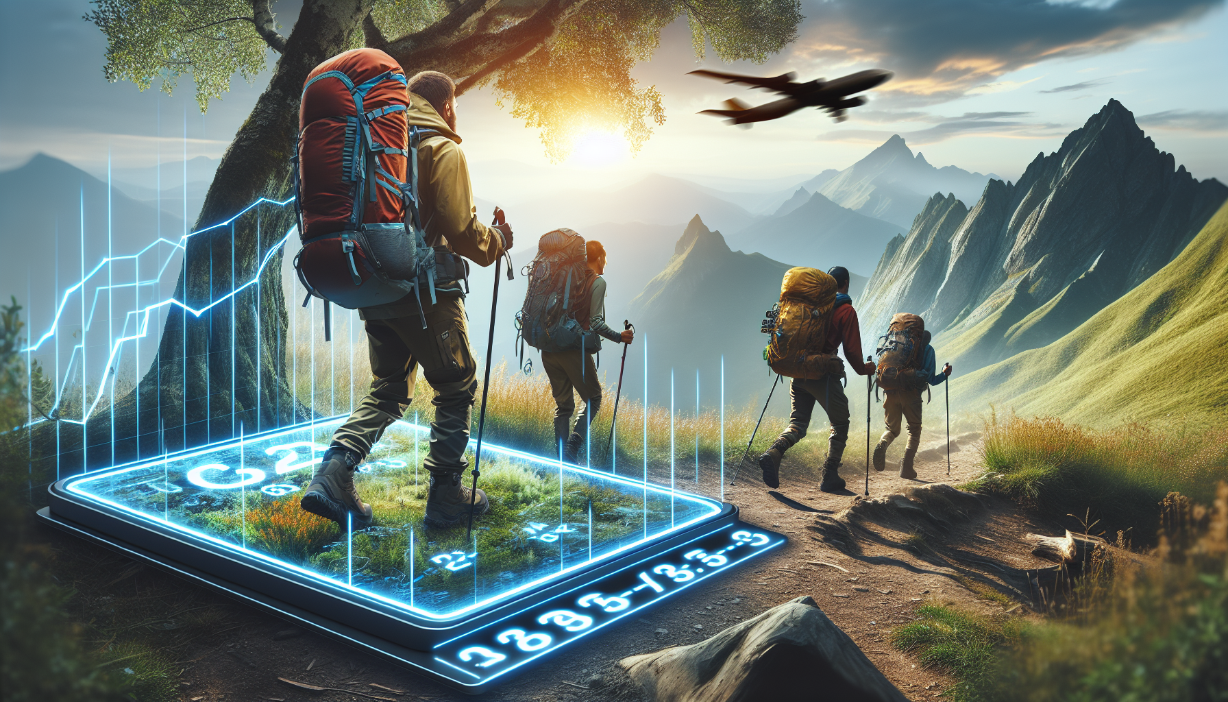 Four hikers with backpacks walk on a mountain trail at sunrise, with a plane flying overhead and a holographic tablet displaying data and graphs on the ground, showcasing their membership benefits in an exclusive customer loyalty program.