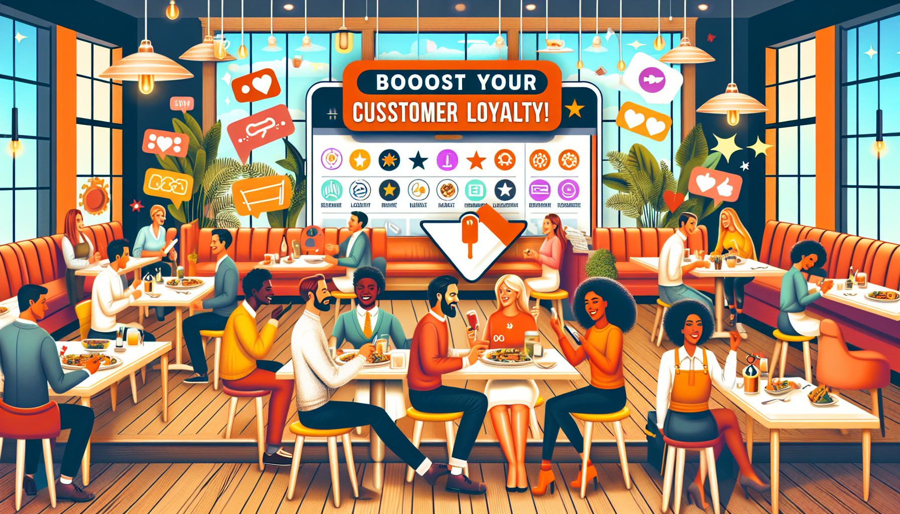 A vibrant, busy restaurant scene with diverse patrons eating and interacting, and a large digital screen displaying "Boost Your Customer Loyalty!" in the background via our restaurant loyalty platform.