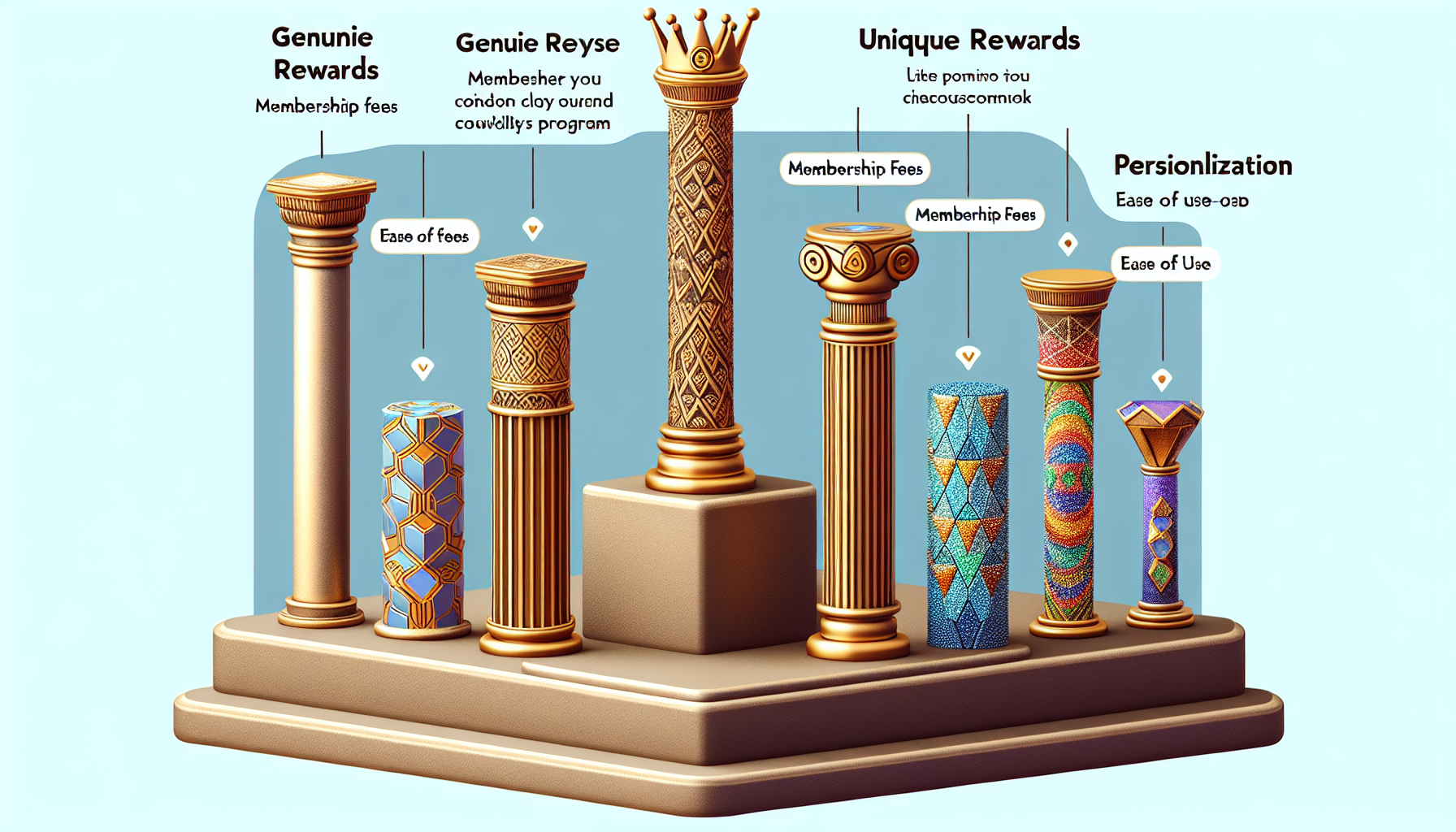 Illustration of decorative columns labeled with various membership benefits like "Genuine Rewards," "Unique Rewards," and "Personalization." Other texts include "Membership Fees" and "Ease of Use," highlighting effective customer retention strategies through loyalty rewards programs.