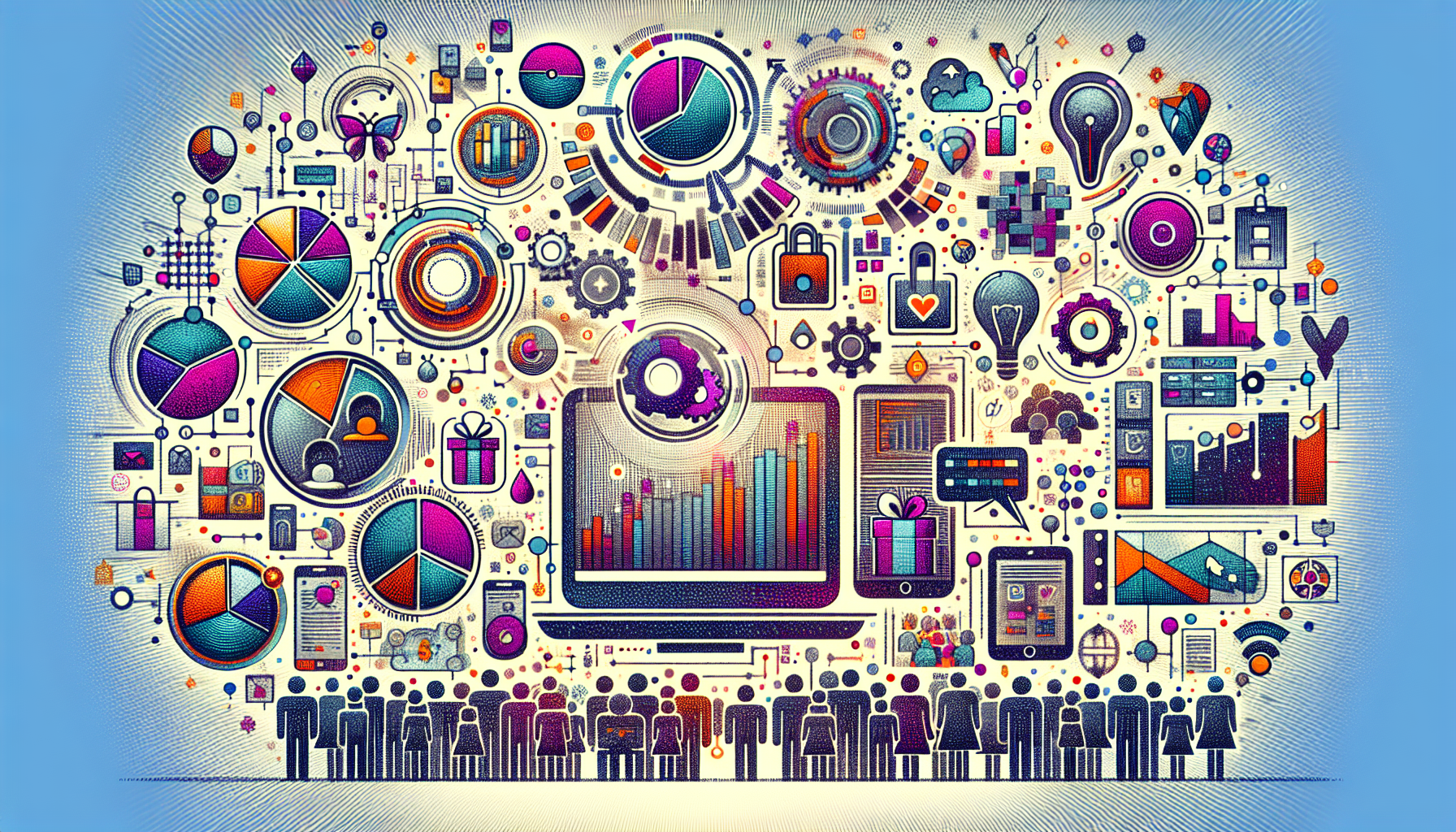 Colorful data visualization features charts, graphs, and technical illustrations surrounding a central computer screen. People silhouettes stand at the bottom, emphasizing collaboration and analysis for effective customer retention strategies.