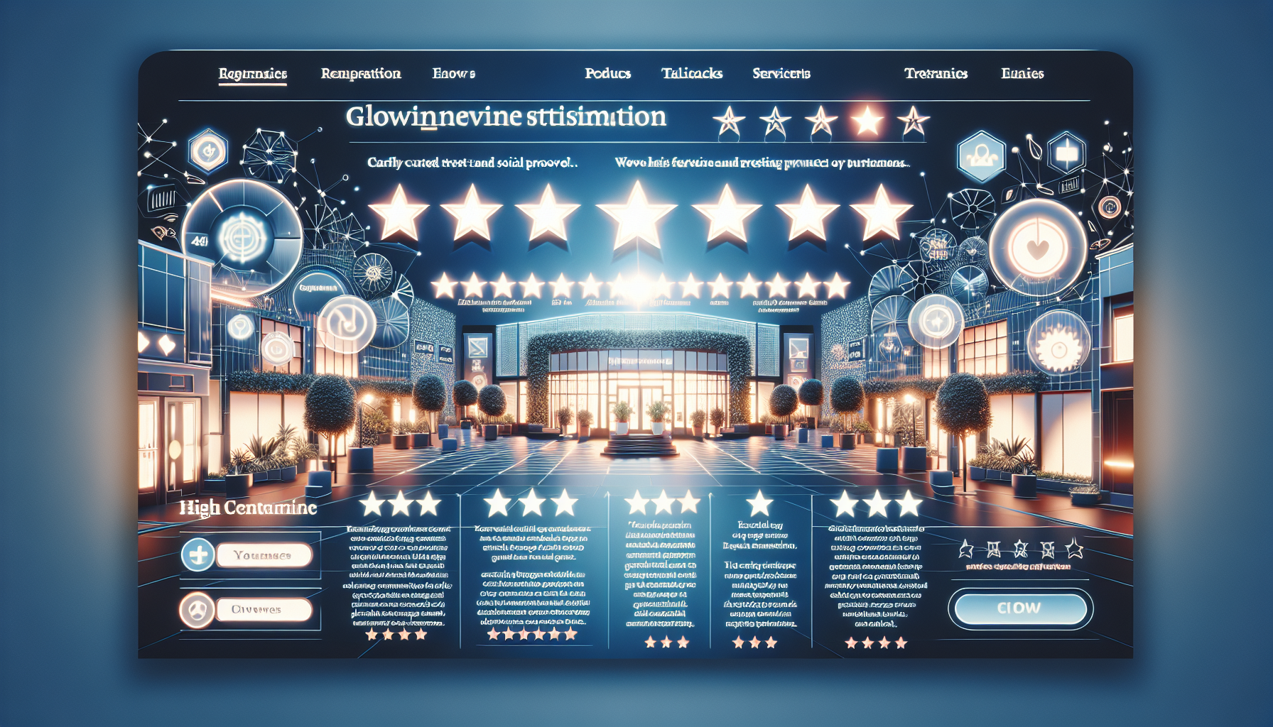 A futuristic interface showcases a glowing review system with multiple star ratings, graphs, and high-tech icons against a background of modern architecture and greenery. Text sections detail various reviews, highlighting what is the most direct cause of customer loyalty and encouraging repeat business.