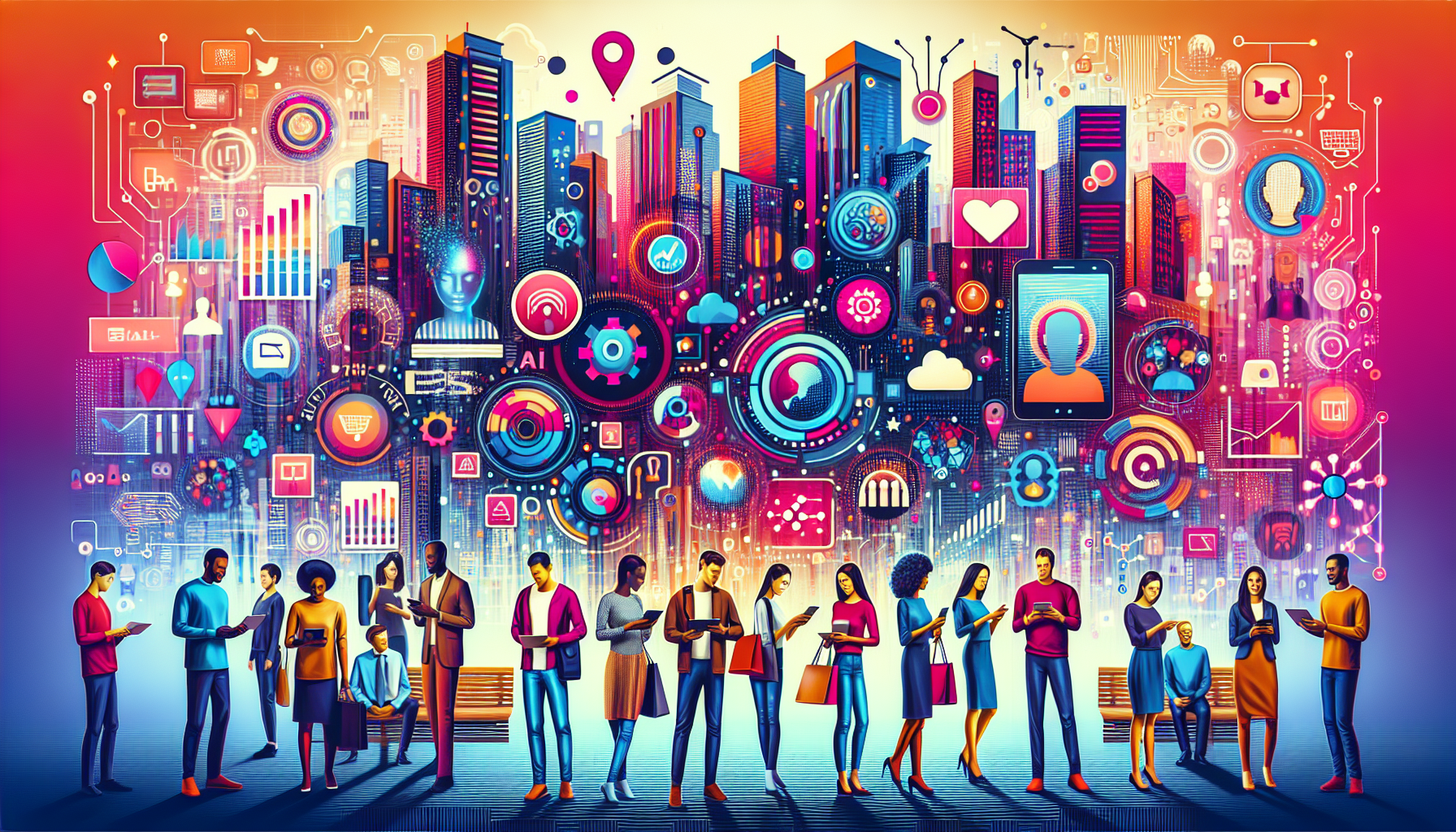 A vibrant illustration of a diverse group of people using electronic devices is set against a backdrop of a futuristic cityscape with various digital icons and connectivity symbols, highlighting advanced incentive systems that drive customer retention.