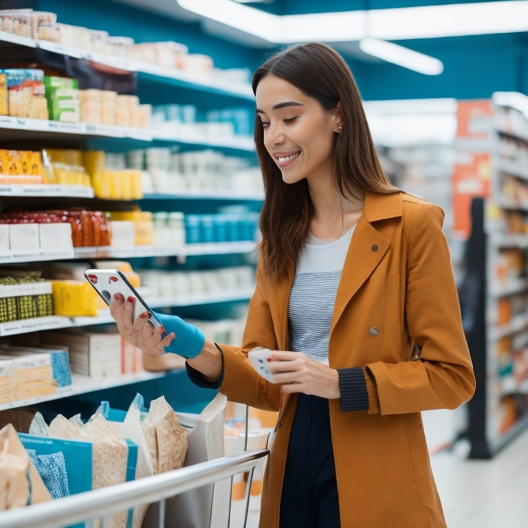 A woman in a mustard coat shops in a grocery store. She is holding a smartphone in one hand and a product in the other, smiling. Shelves filled with various products are in the background, as she checks her digital punch card for rewards points.