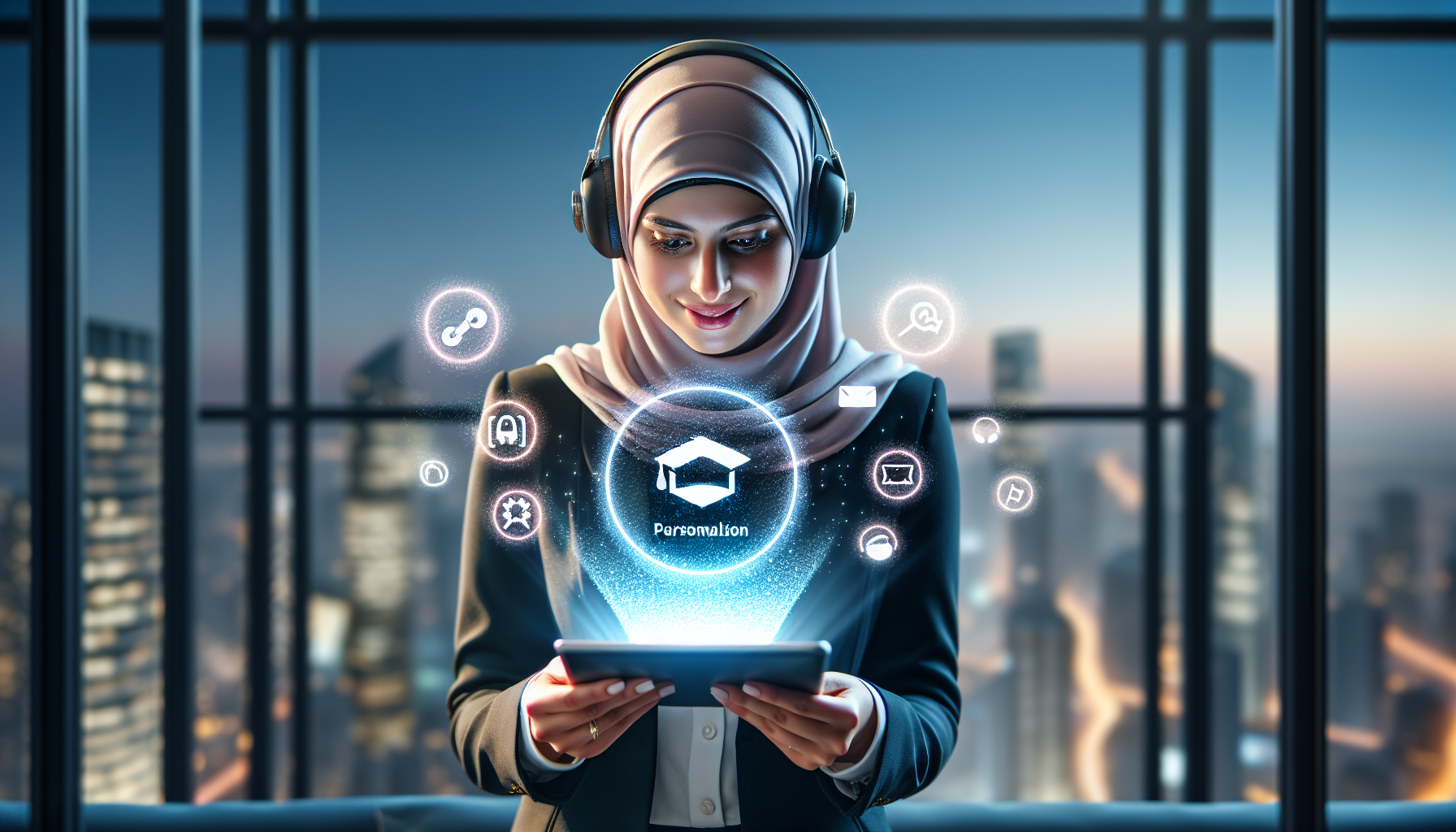 A woman wearing headphones and a hijab interacts with digital icons on a tablet, exploring Loyalty Solutions while the city skyline is visible through a window behind her.