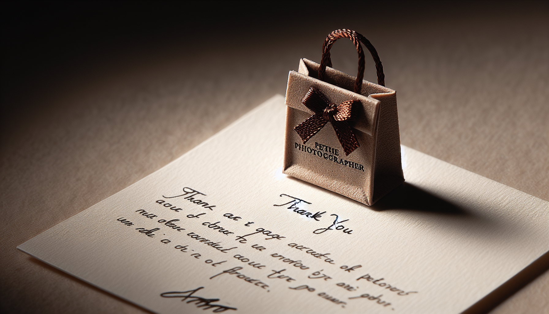 A small, decorative paper bag with a bow sits on a handwritten thank you note placed on a light brown surface, symbolizing the Photography Referral Program's heartfelt appreciation for your support.