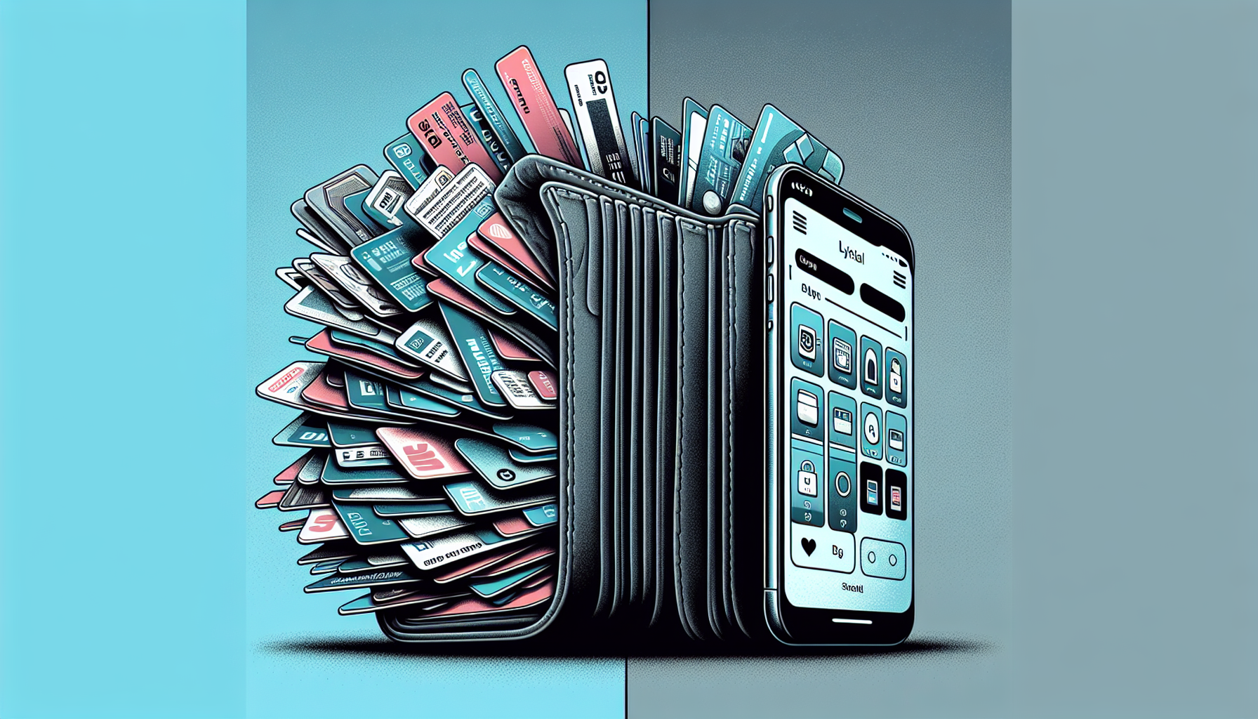 A wallet overflowing with cards on one side and a smartphone displaying a virtual loyalty card app on the other side, illustrating the transition from physical to digital wallets and highlighting the convenience of digital rewards programs.