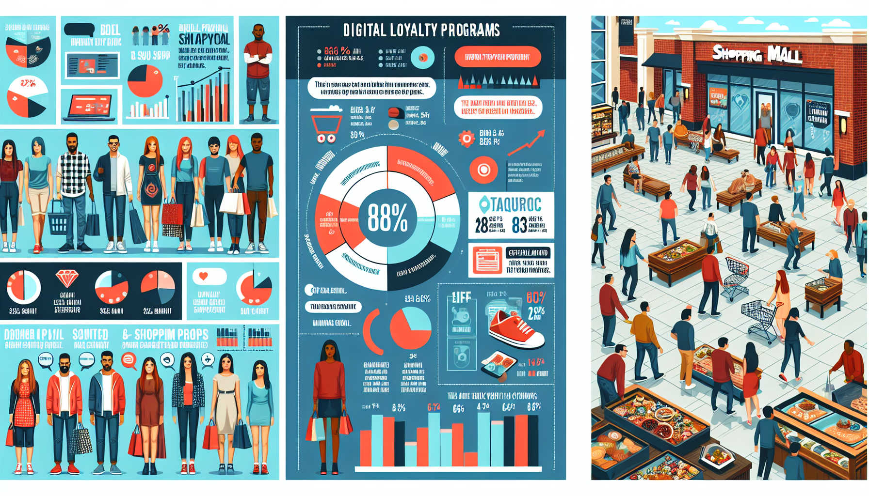 Infographics and illustrations on digital loyalty programs, CRM integration, consumer demographics, and shopping trends accompany a scene of people walking outside a shopping mall.