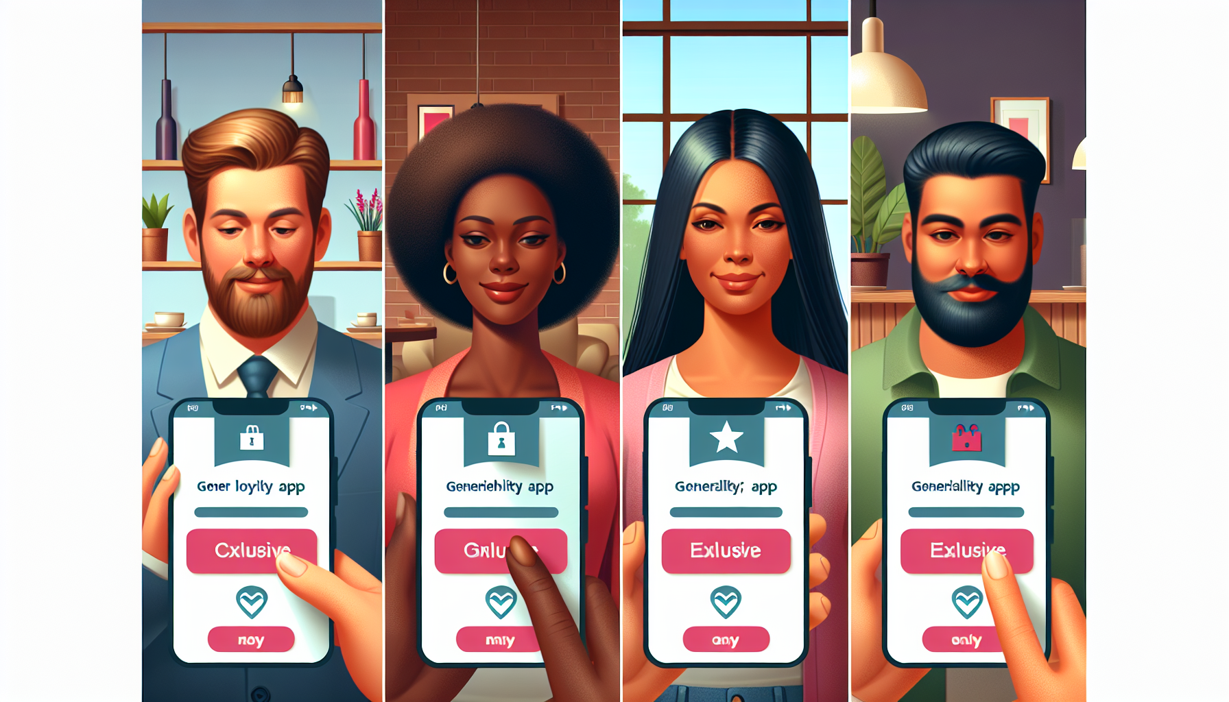 Four people, each holding a phone displaying the "Generosity" app, which serves as a small business loyalty program. The app shows different membership levels: "Exclusive," "Gold," "Exclusive," and "VIP," with hands pressing the acceptance buttons.