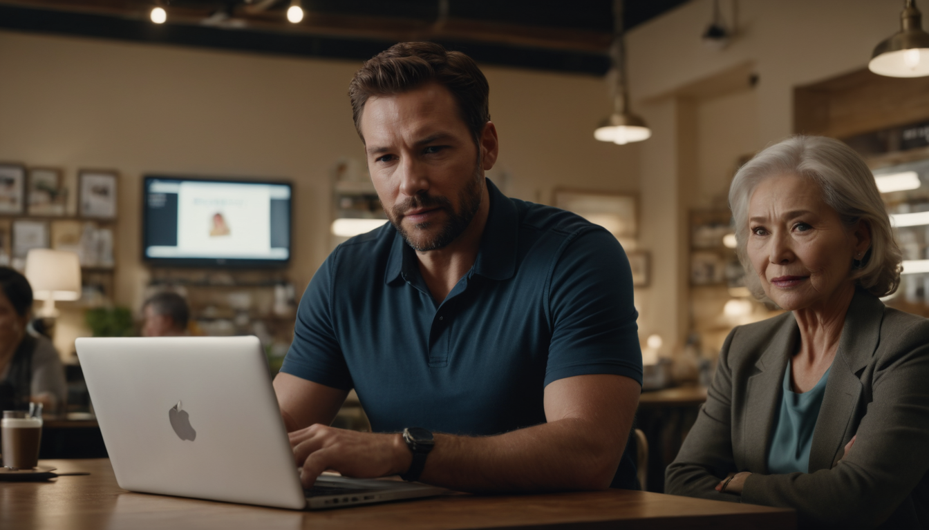 A young man and an elderly woman sitting at a table in a cafe, looking at digital loyalty program ideas for small businesses on a laptop screen with interest.