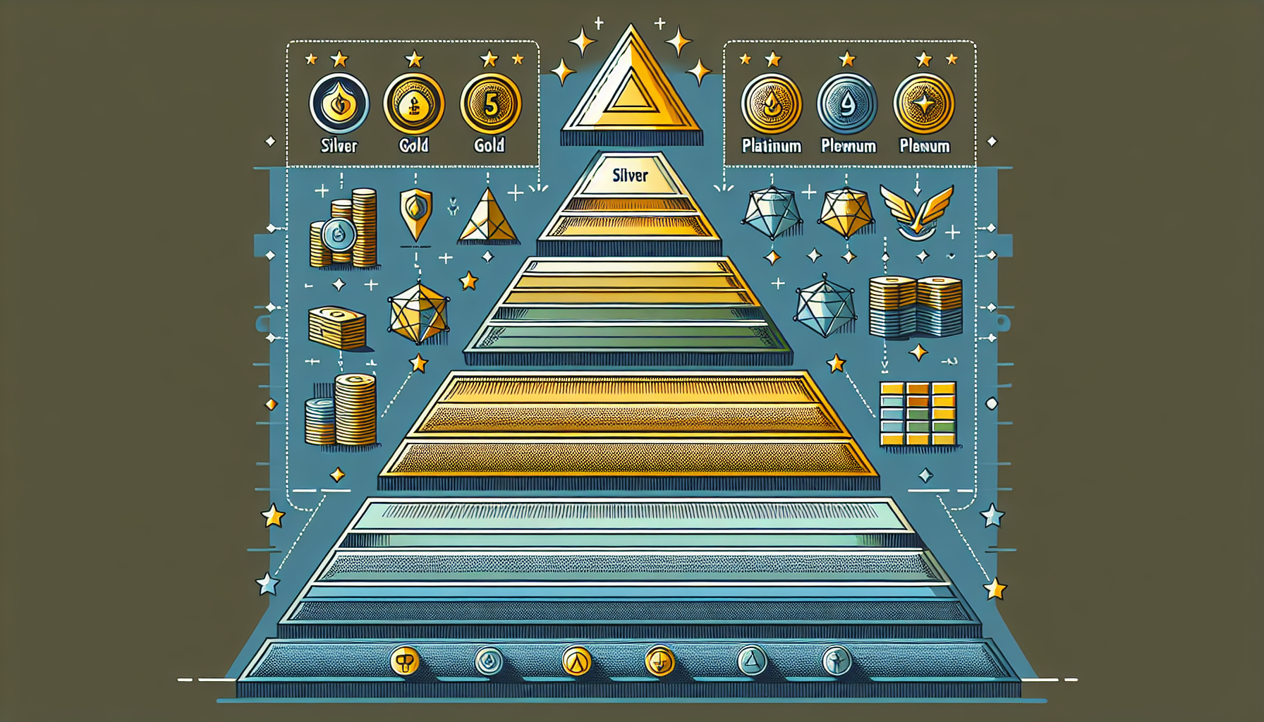 An infographic displays a pyramid divided into sections labeled Silver, Gold, Platinum, Premium, and Plenium, with various icons and symbols representing different tiers and achievements in a robust customer loyalty campaign.