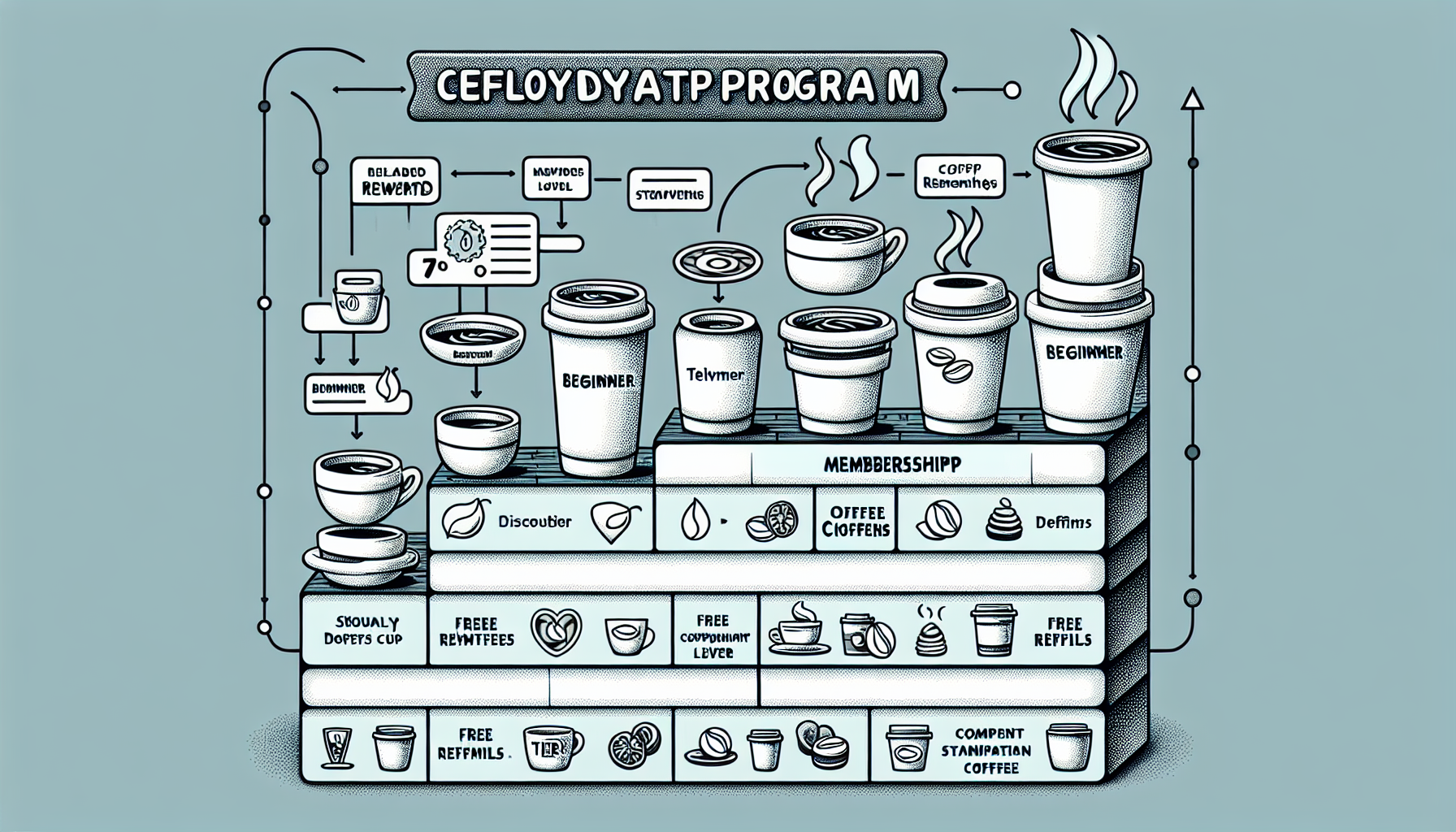 Infographic depicting a loyalty program for a coffee shop with different membership tiers (Beginner 1, Beginner 2, Traveler) and their corresponding rewards and benefits, including free refills and discounts—a perfect customer retention strategy.