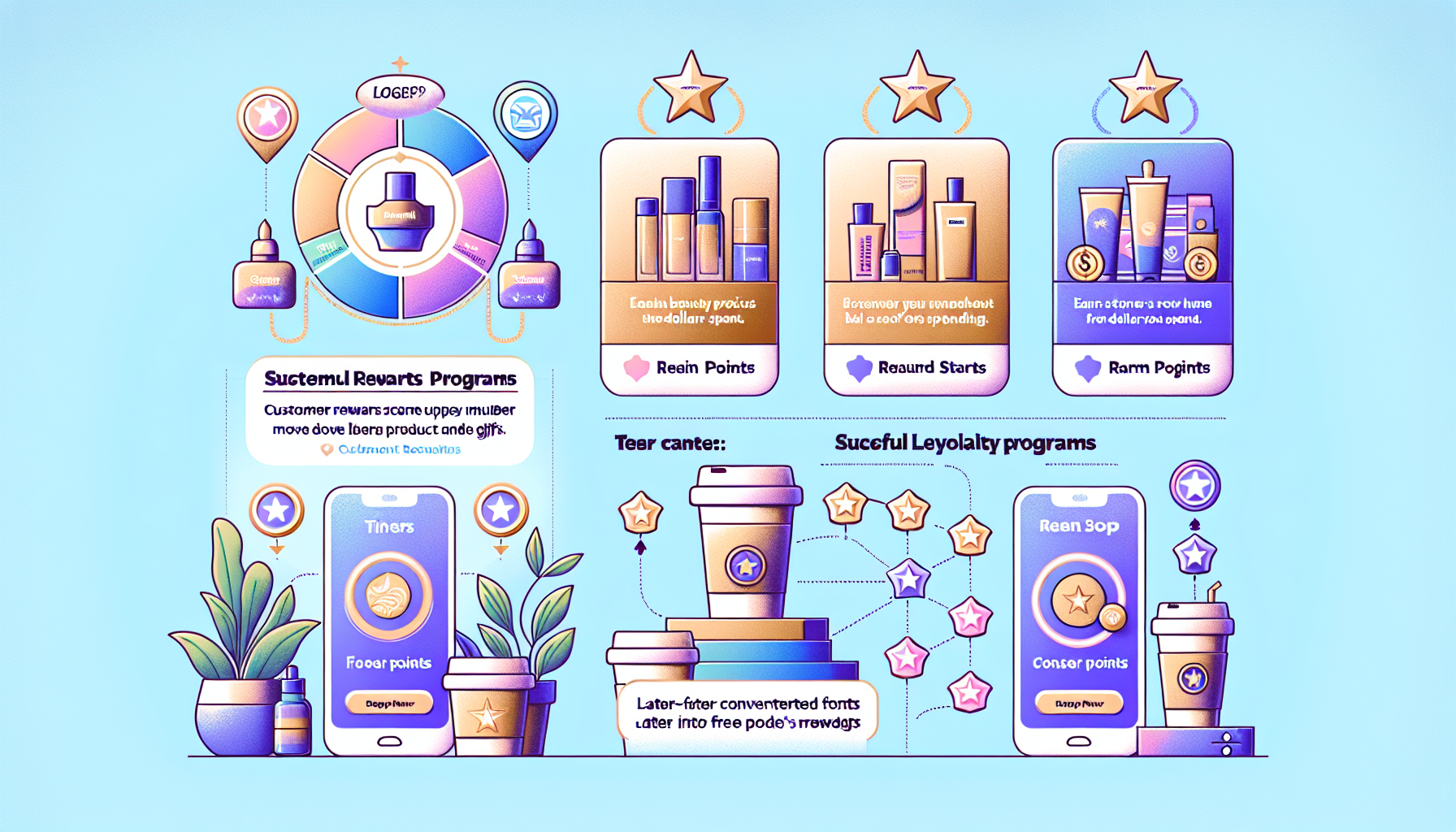 Illustration displaying a customer loyalty rewards program with features like points earning, reward tiers, and redemption options. The tiered loyalty program includes a mobile app interface, stars, and product icons enhancing customer engagement.