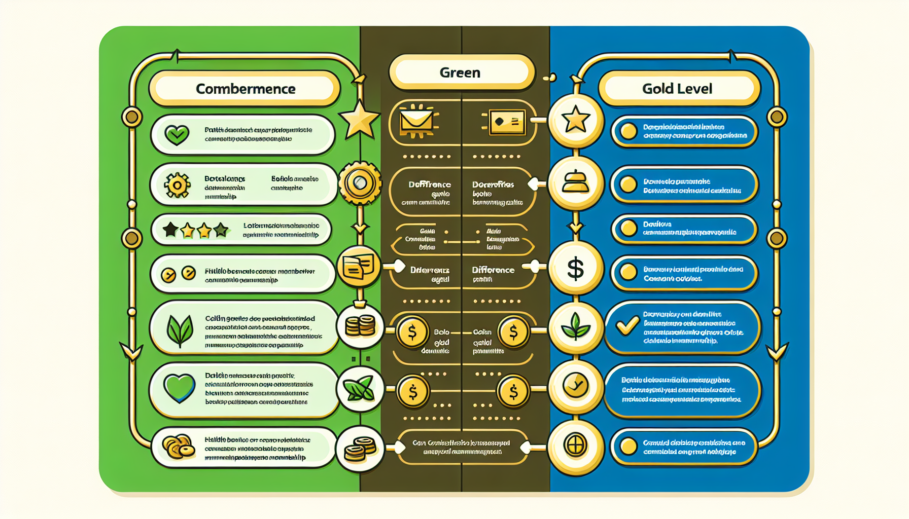 Flowchart displaying three membership levels: Commnerence, Green, and Gold Level. Each level lists benefits such as discounts, rewards, and exclusive opportunities with Starbucks customer engagement. The chart uses green and gold color schemes to highlight the Starbucks Stars system.