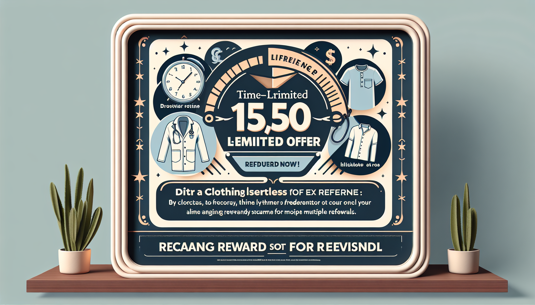 Retro-style sign with text offering a "Time-Limited 15.50 Limited Offer" on clothing. Surrounded by clothing illustrations and symbols, with two small potted cacti on either side. Ideal for showcasing customer retention strategies in retail displays!