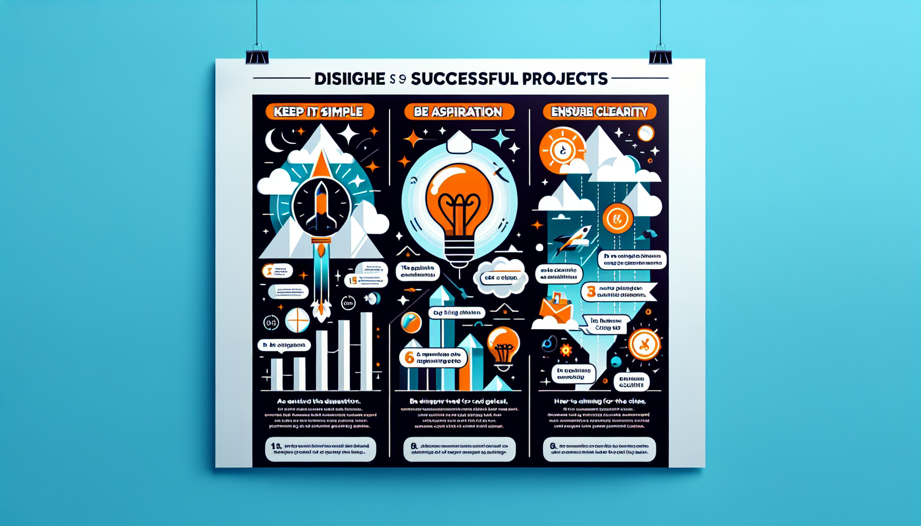 A poster titled "Successful Projects" with sections on keeping it simple, being aspirational, and ensuring clarity, all illustrated with charts, light bulbs, and other graphics on a blue background. Ideal for teams working on brand loyalty names or a rewards program naming strategy.