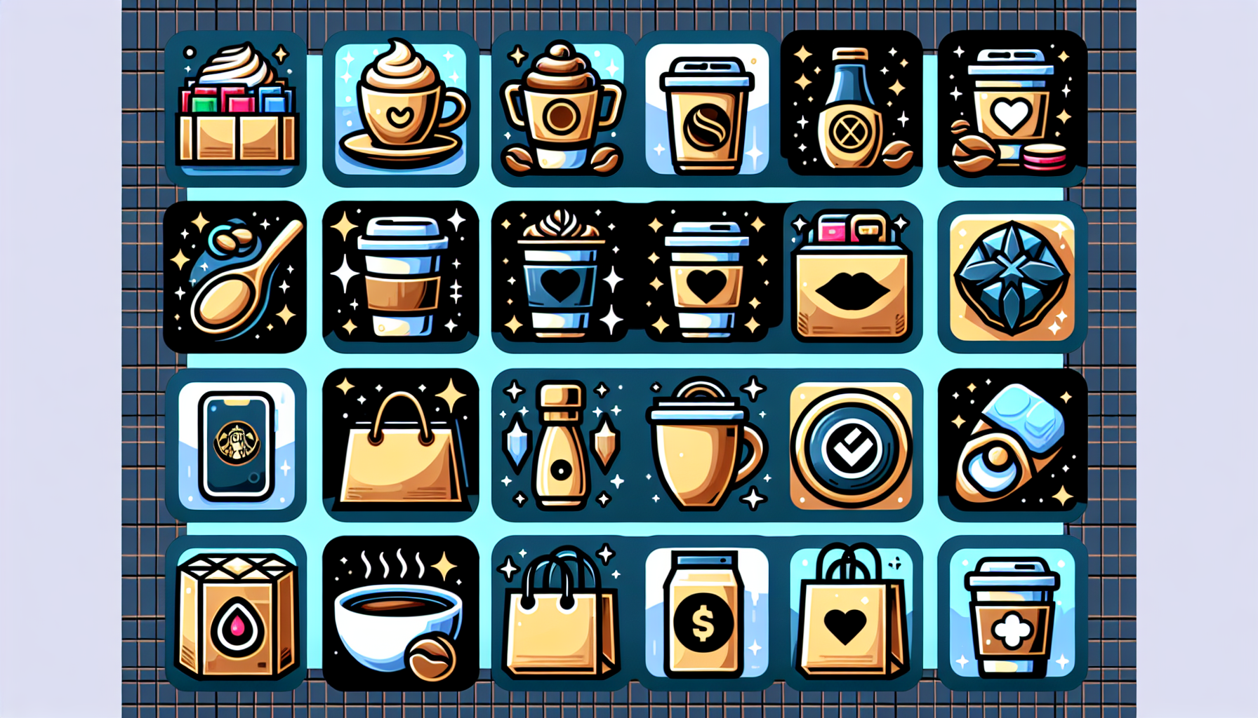 A grid of 30 illustrated icons featuring coffee cups, shopping bags, drinks, and related items, all with a whimsical, starry background inspired by loyalty rewards programs.