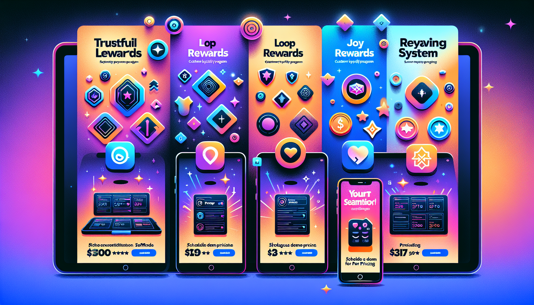 Colorful interface mockup showcasing various rewards program software concepts, displayed on overlapping tablet and smartphone screens with vibrant icons, futuristic graphics, and pricing details.