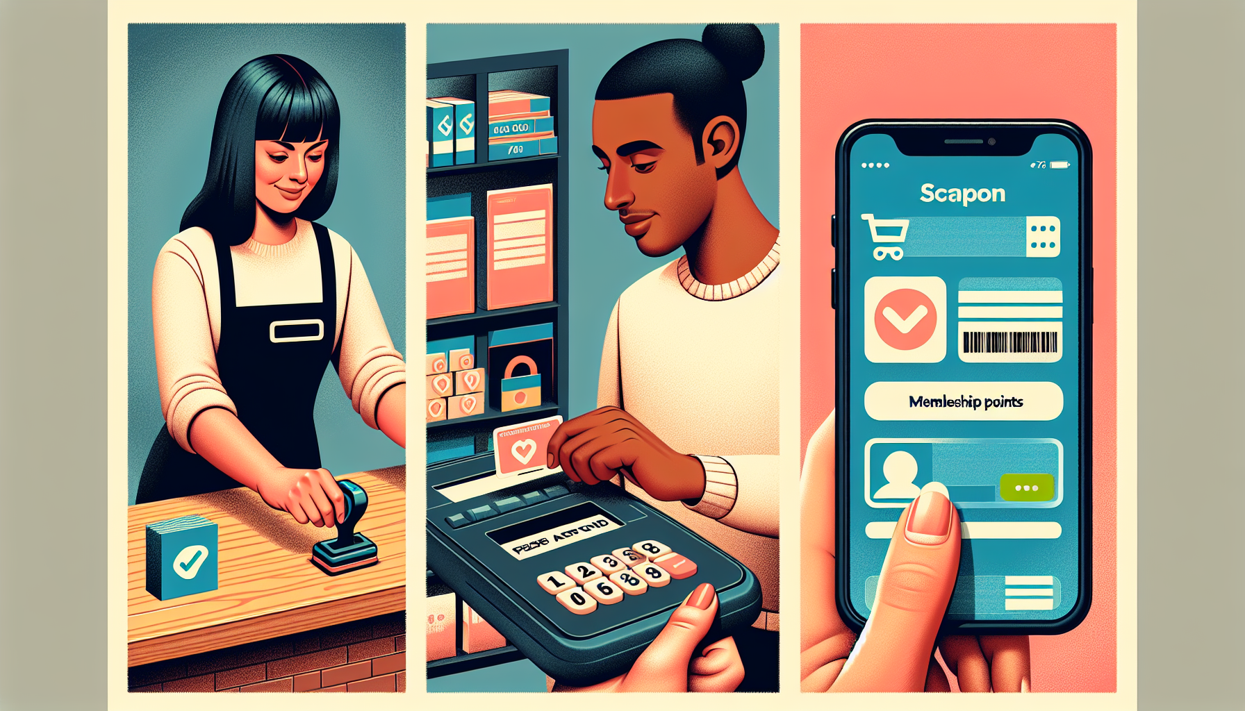 Three-panel illustration: a cashier stamping a digital punch card, a person holding a payment terminal with a heart icon, and a hand holding a smartphone displaying Scapon, the loyalty card app for your customer rewards program.