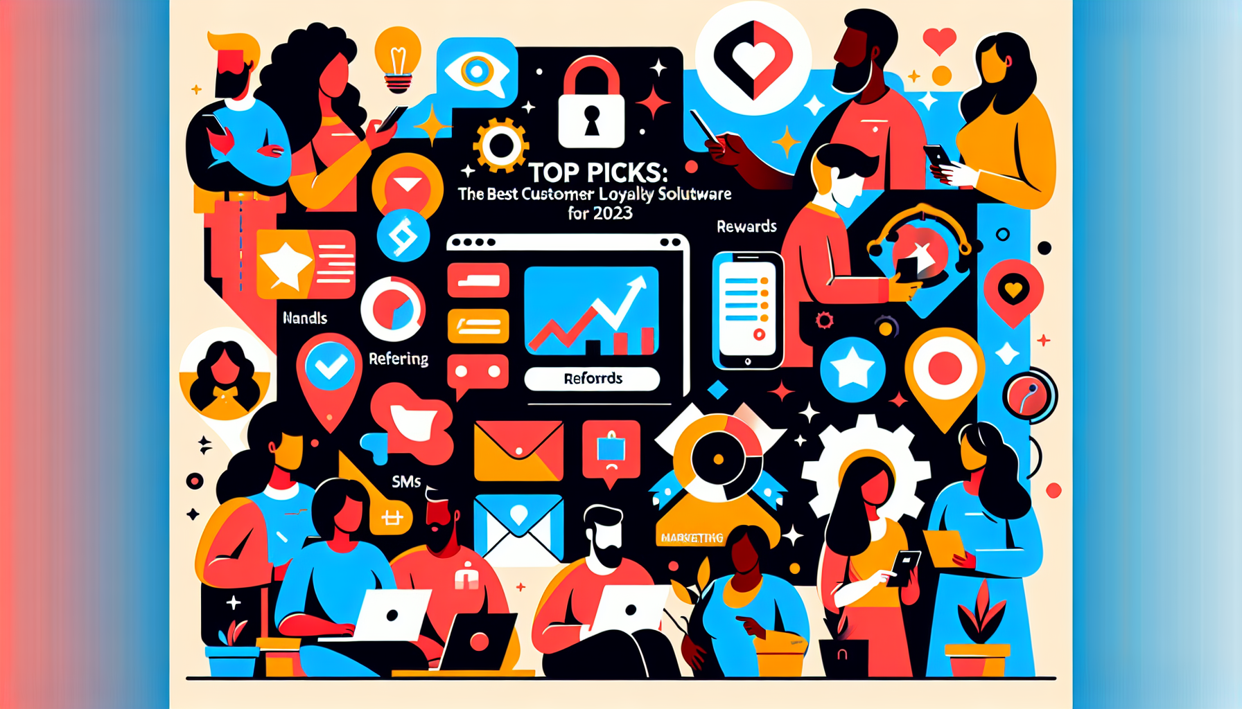 Colorful illustration depicting diverse professionals engaging with customer loyalty software tools like rewards program management, referral programs, refunds, SMS, and surveys. Central text reads "Top Picks: The Best Customer Loyalty Software for 2024.”