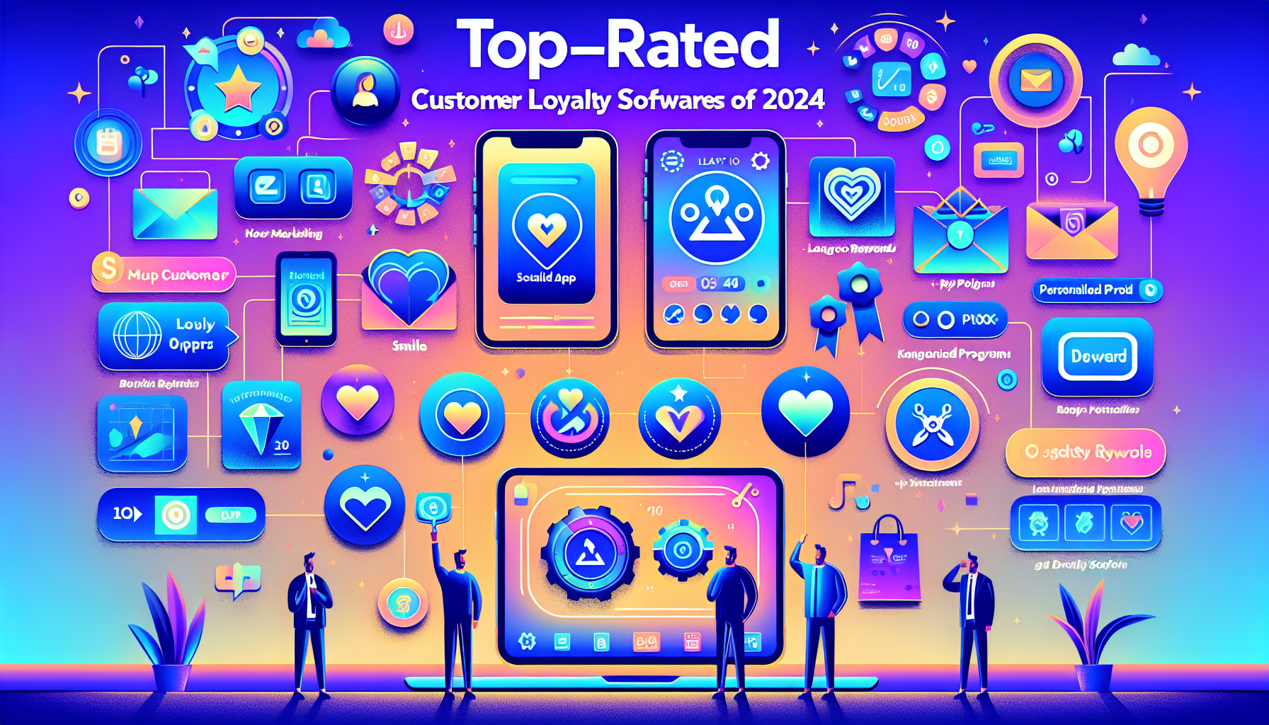 Illustration displaying various icons and graphics representing top-rated customer loyalty software for 2024, with people analyzing the features of a comprehensive rewards management system.