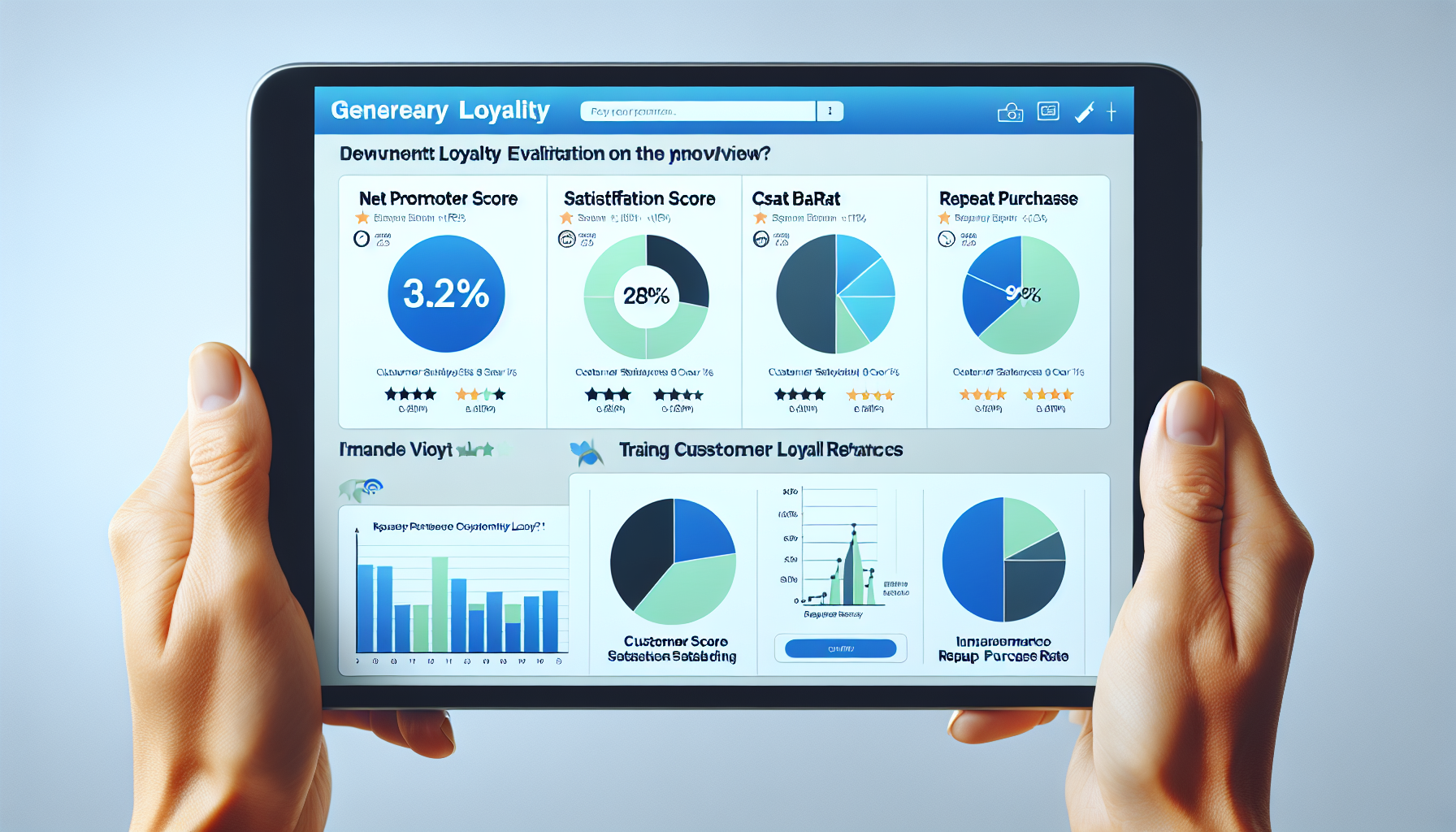 A person holding a tablet displays a loyalty evaluation dashboard with various metrics, including Net Promoter Score, Satisfaction Score, Repeat Purchase, Customer Score, and Return on Investment—key indicators that help answer what is the most direct cause of customer loyalty.