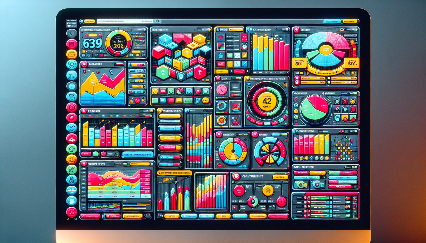 A colorful computer screen showcases various data visualizations, like bar graphs and pie charts, in a complex digital dashboard layout, offering photographers insights on customer rewards and loyalty incentives to enhance client retention.