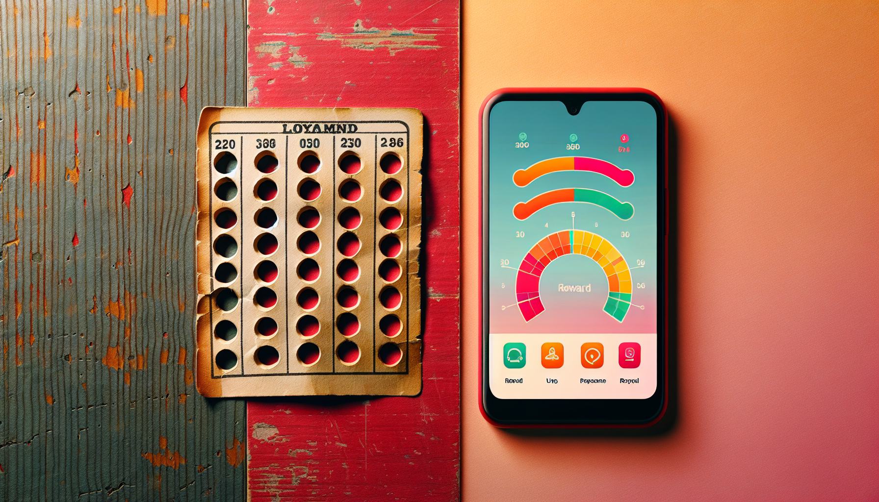 A punched loyalty card lies beside a smartphone displaying a colorful rewards app interface, highlighting the reward program fee. The background features a blend of wood textures and vibrant colors.