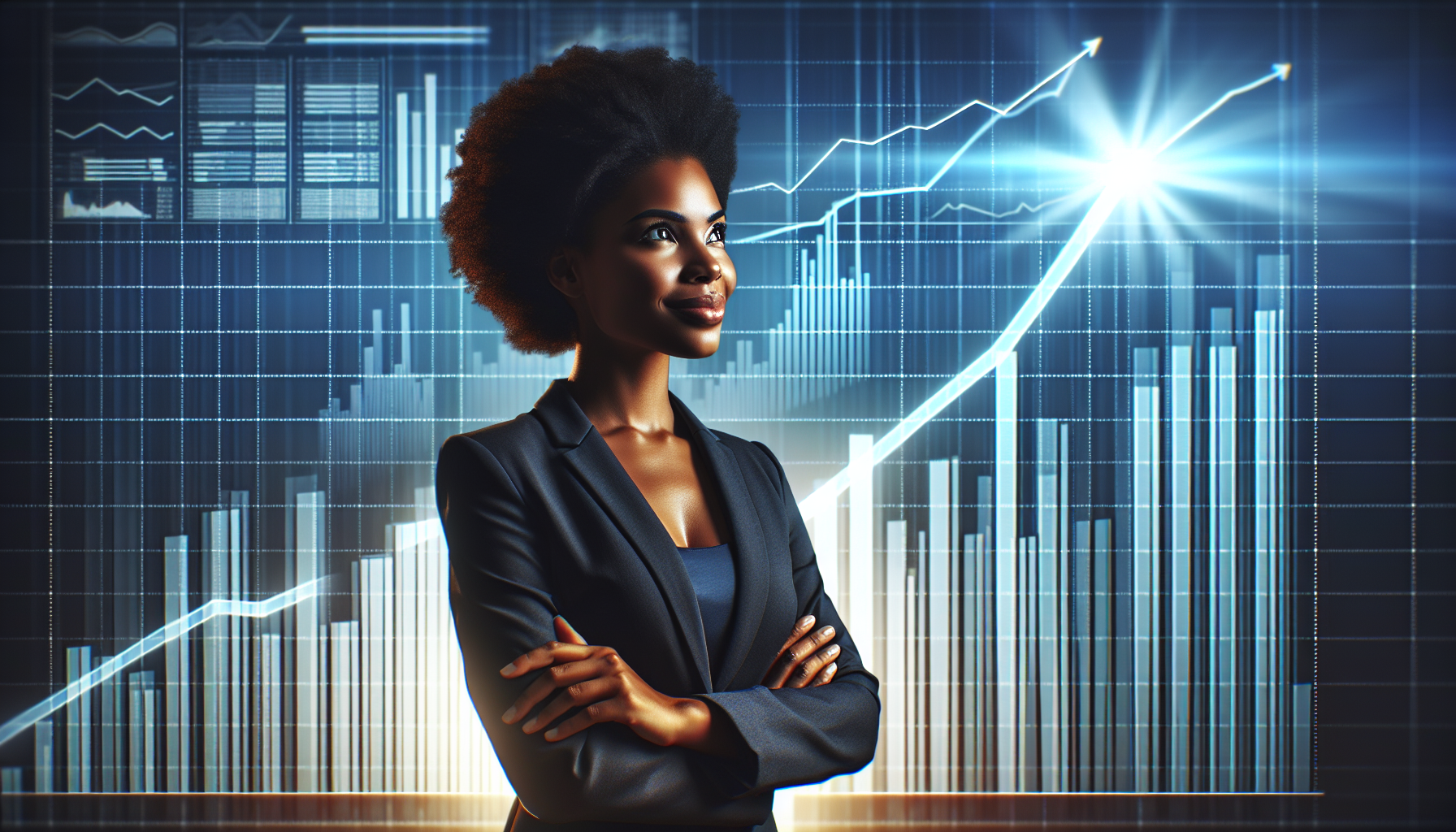 A confident businesswoman stands with folded arms in front of a screen displaying ascending graphs and charts, showcasing the success of customer rewards programs in a data-driven environment.