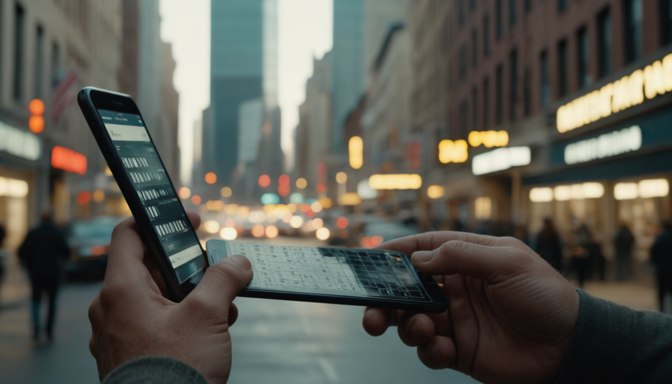 Close-up of a person's hands using a smartphone to access a digital punch card loyalty program on a busy city street during twilight, with blurred car lights and buildings in the background.