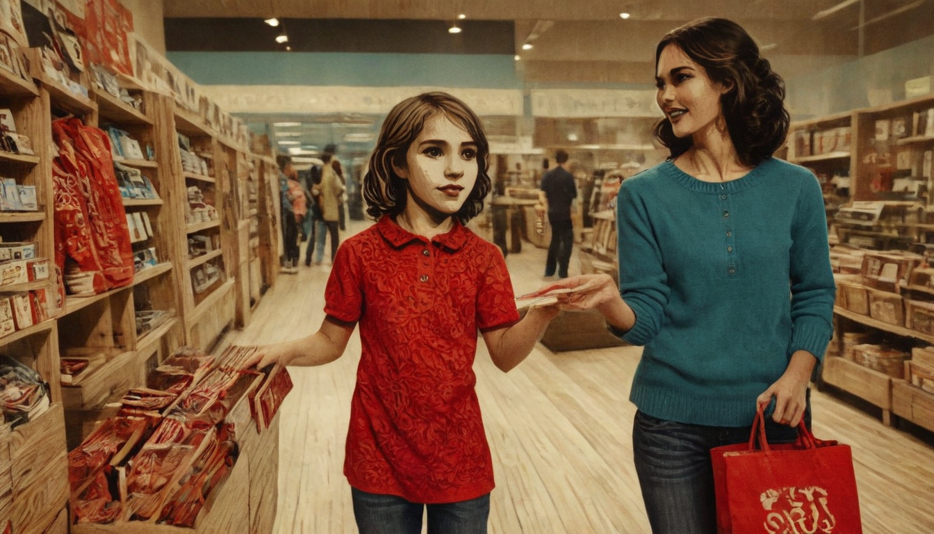 A woman and a child are shopping in a store aisle with shelves stocked with various items. The woman wears a blue top and carries a red bag, while the child wears a red shirt and holds a product, likely benefiting from the store's customer retention strategy.