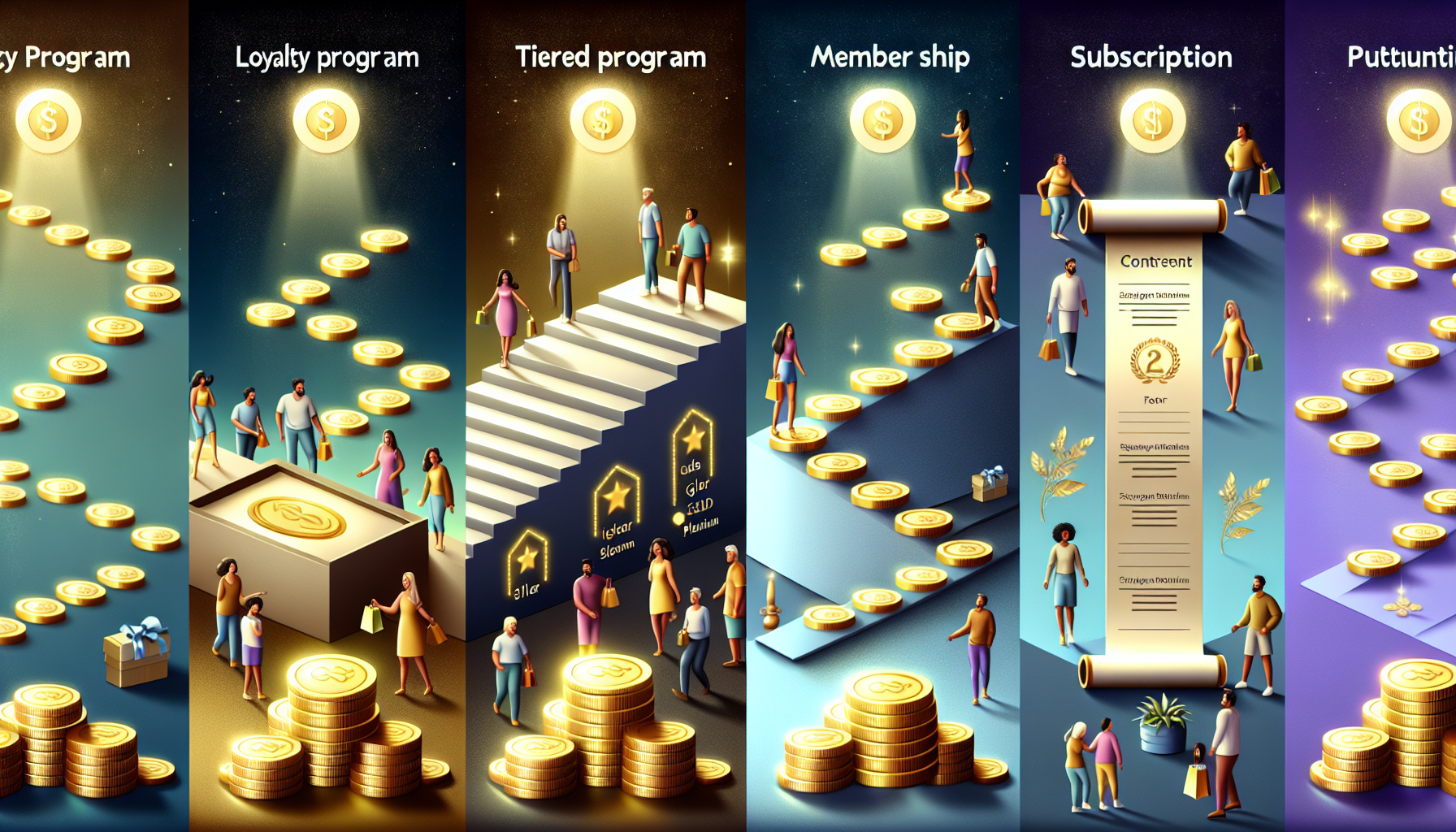 Collage showcasing various customer reward programs: Loyalty programs, tiered program with stairs, membership benefits with coins, subscription with a contract, and a versatile program featuring points accumulation and diverse benefits.