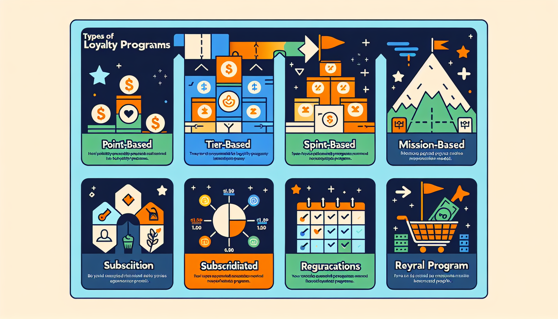 Infographic showcasing eight types of customer loyalty programs: Point-Based, Tier-Based, Spin-Based, Mission-Based, Subscription, Subscribed, Regurations, and Reyral Program—an essential part of any engagement strategy for boosting customer retention.