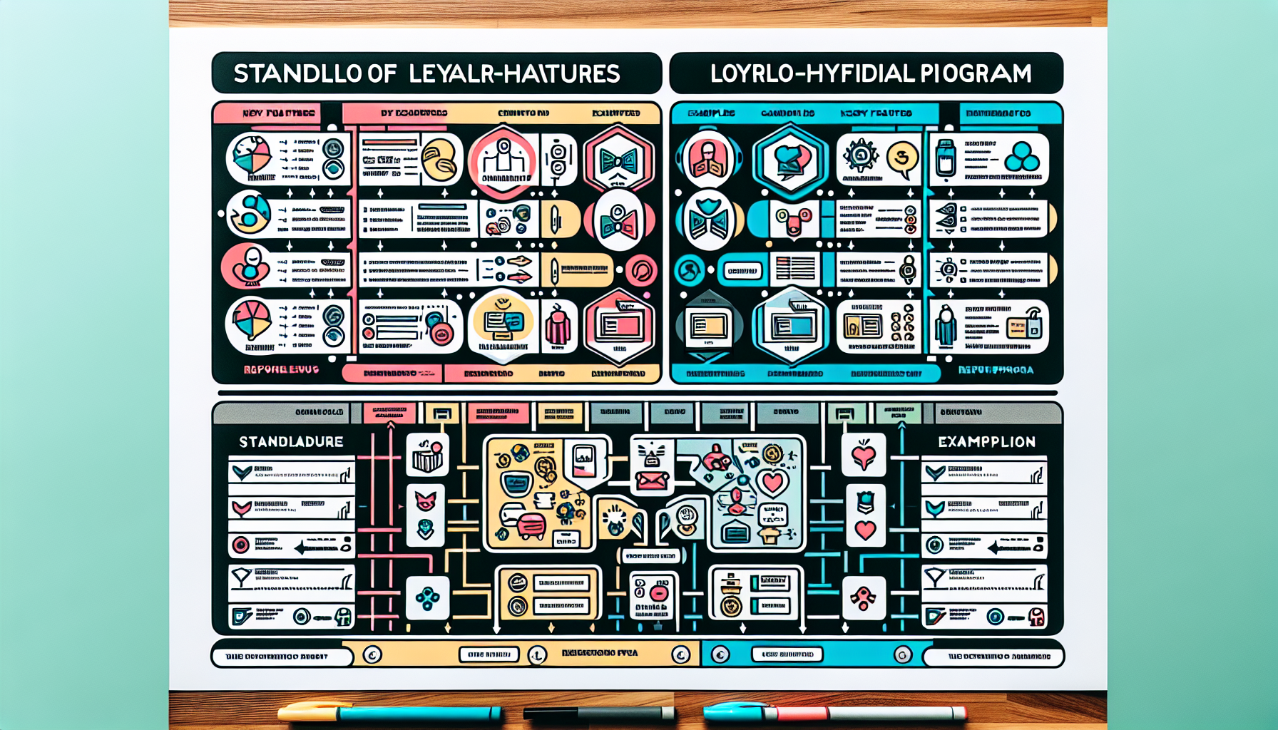 A detailed infographic showcasing a comparison chart between two programs, highlighting features like bug fixes, enhancements, and performance. Color-coded sections and icons illustrate various aspects, while noting the advantages and disadvantages of referral programs.