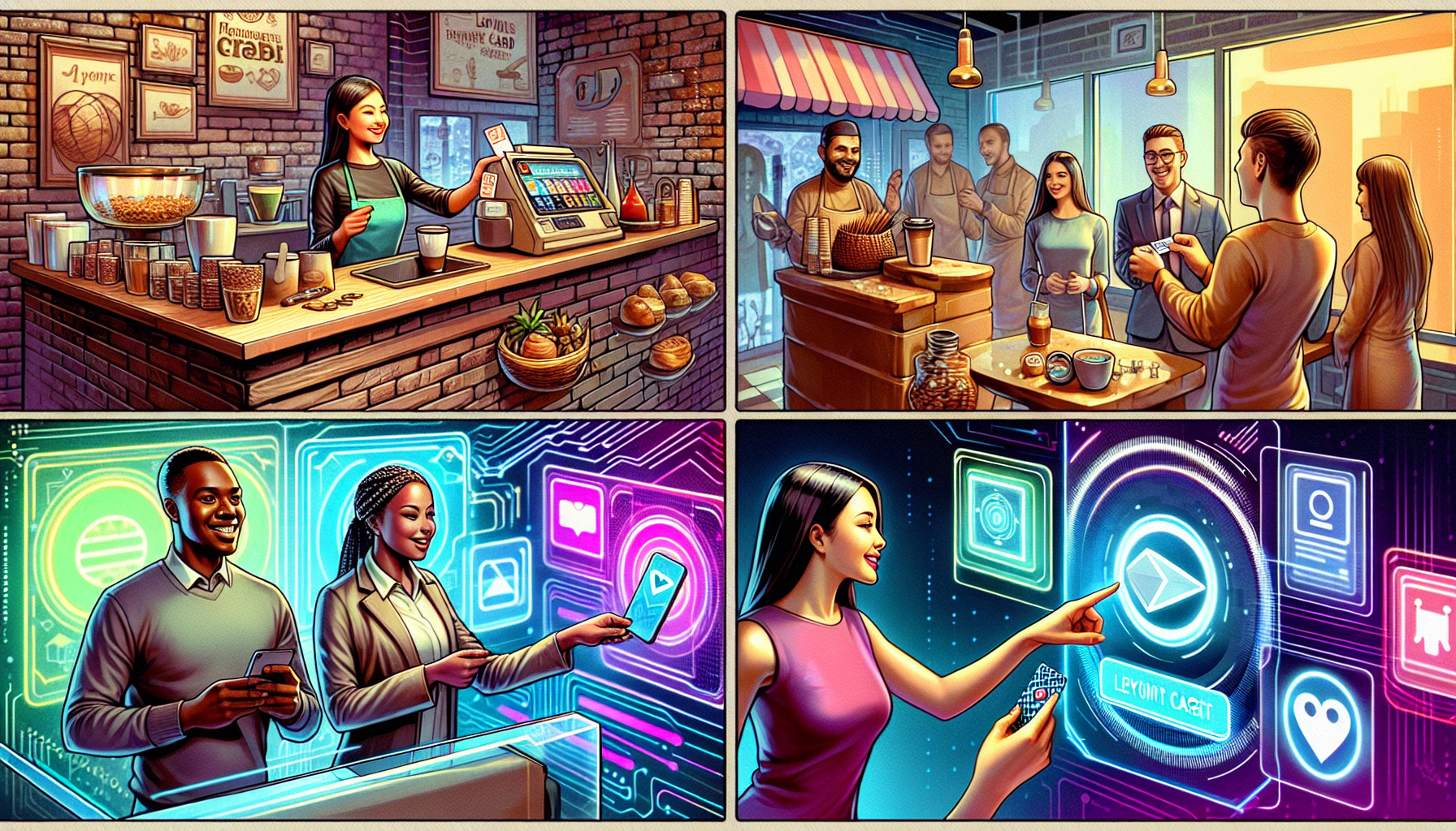 A collage of four scenes: a woman at a coffee shop counter, a group of people tasting coffee, two people using a futuristic touchscreen, and a woman operating a virtual interface with video icons—illustrates digital loyalty solutions enhancing small business retention.