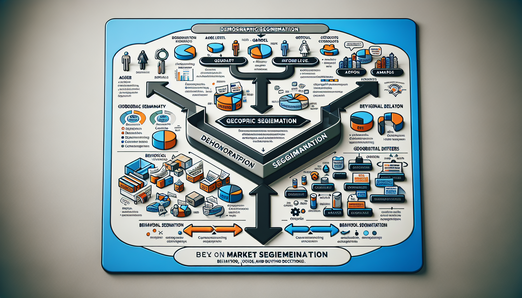 A colorful flowchart diagram displaying market segmentation, including categories like demographic, geographic, behavioral, and psychographic segmentation with icons and infographics to illustrate customer behavior analysis.