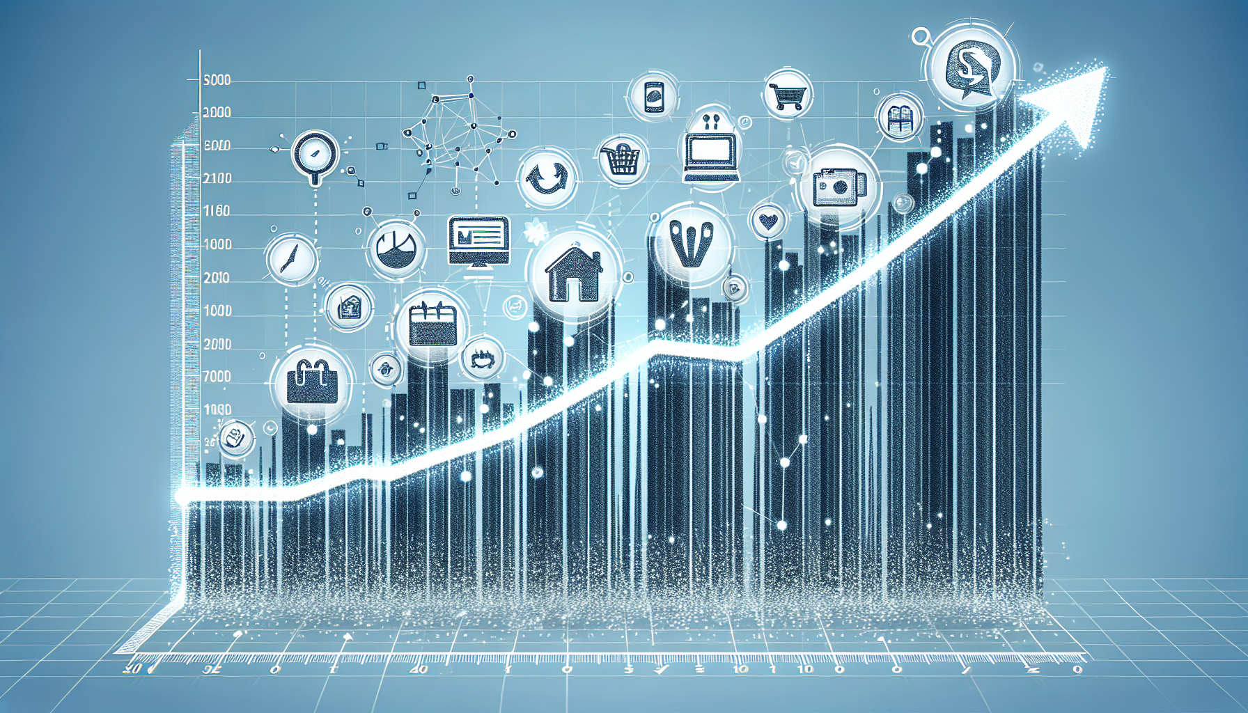 A 3D graph with a rising trend line features various icons representing different industries, such as shopping carts, houses, and gears, symbolizing growth and diverse economic sectors. This visual also underscores effective customer retention strategies vital for sustained economic progress.