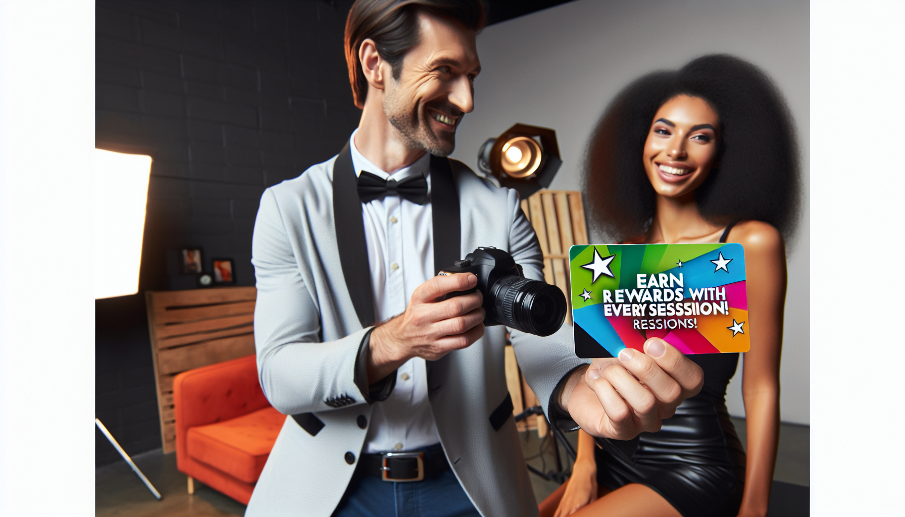 Photographer holding a card that reads, "Earn rewards with every session!" while smiling with a model in a studio setting, showcasing Studio Loyalty Benefits for photographers.