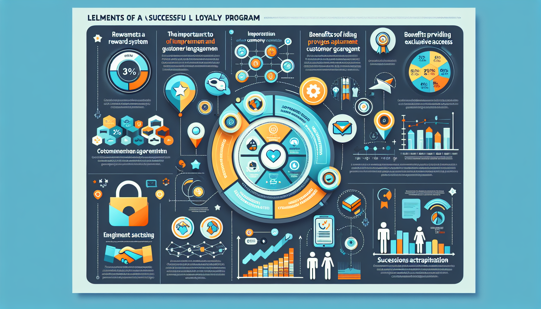 Infographic on elements of a successful loyalty program, featuring charts, graphs, and icons illustrating key aspects like rewards, customer engagement tactics, segmentation, and benefits of exclusive access. Perfect for those looking to enhance their brand loyalty initiatives.