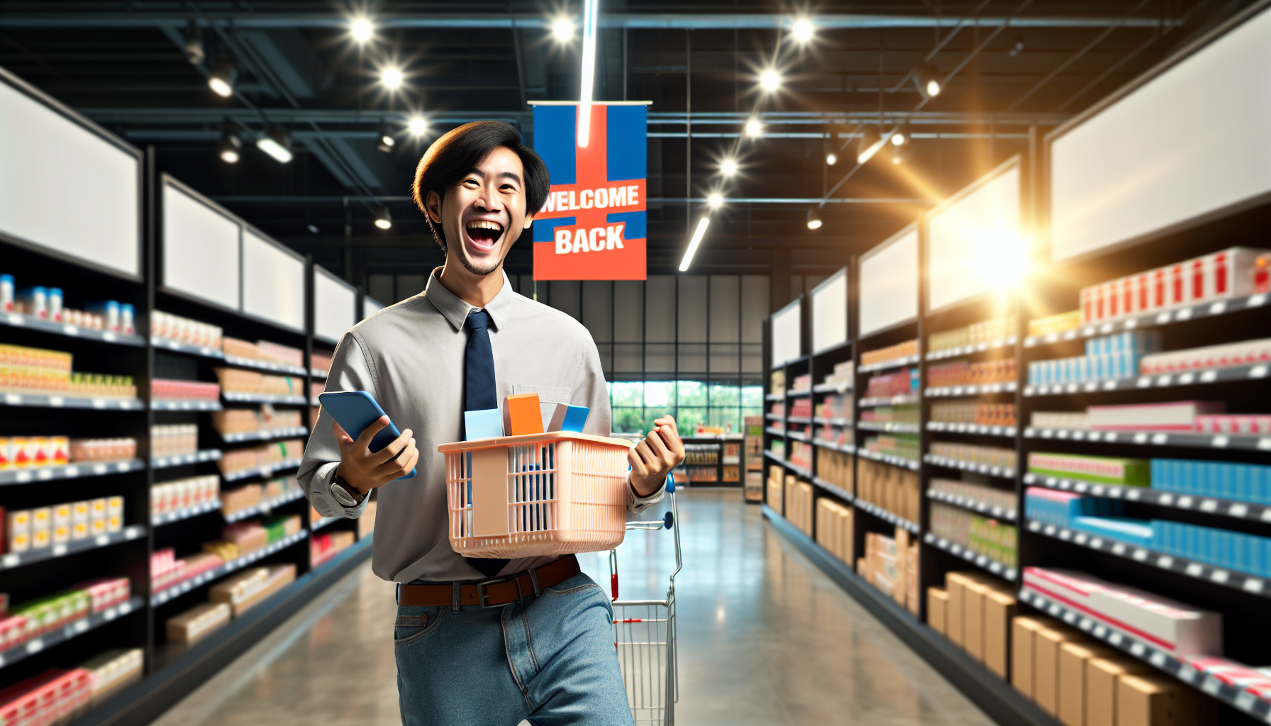 A person with a basket and a smartphone smiles in a brightly lit grocery store aisle under a "Welcome Back" sign, reflecting high customer satisfaction measurement.