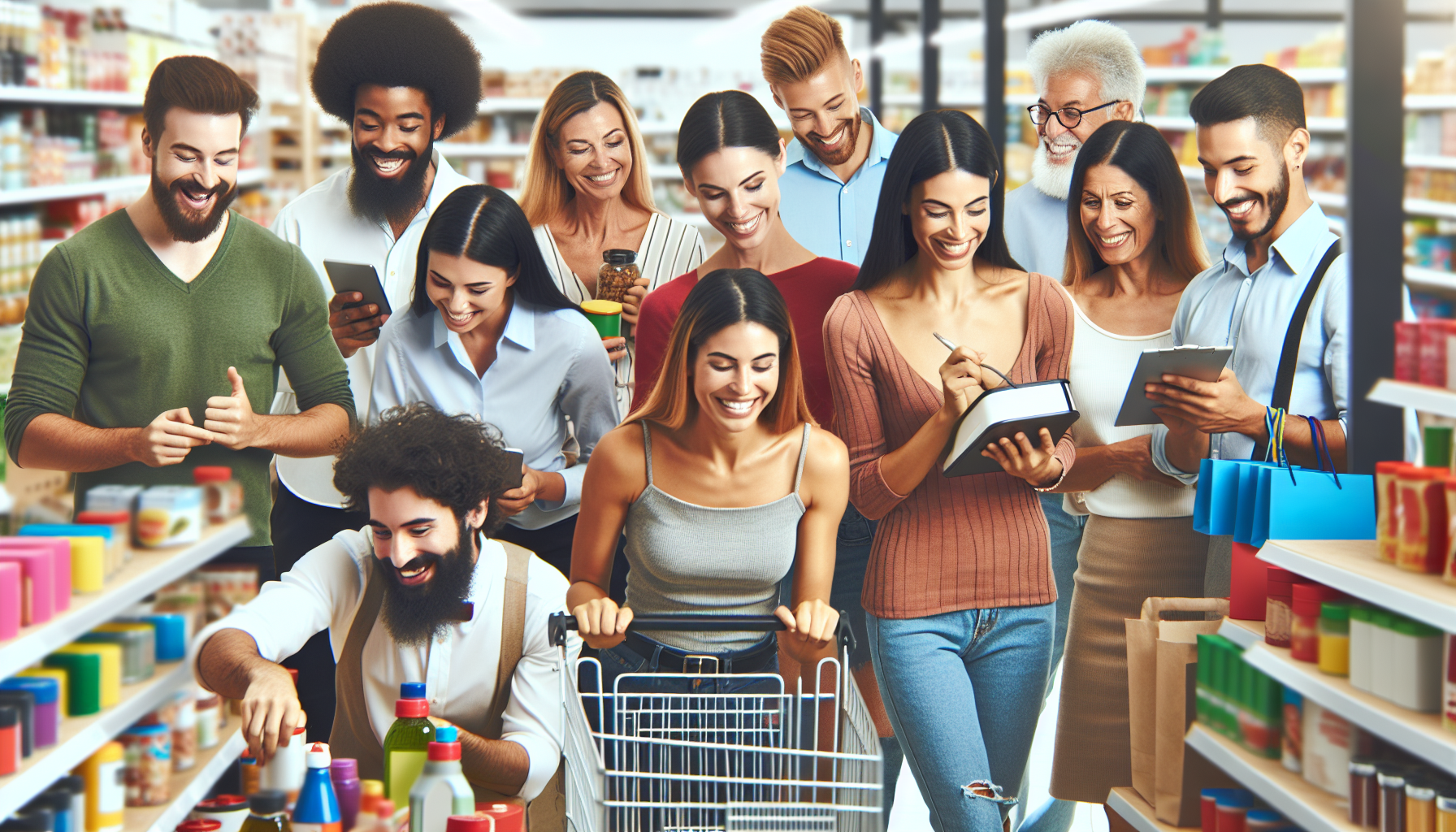 A group of people of diverse ages and backgrounds smiles and shops together in a brightly lit supermarket. Some use smartphones, perhaps brainstorming brand loyalty names, while others engage in conversation and jot down notes on notepads.