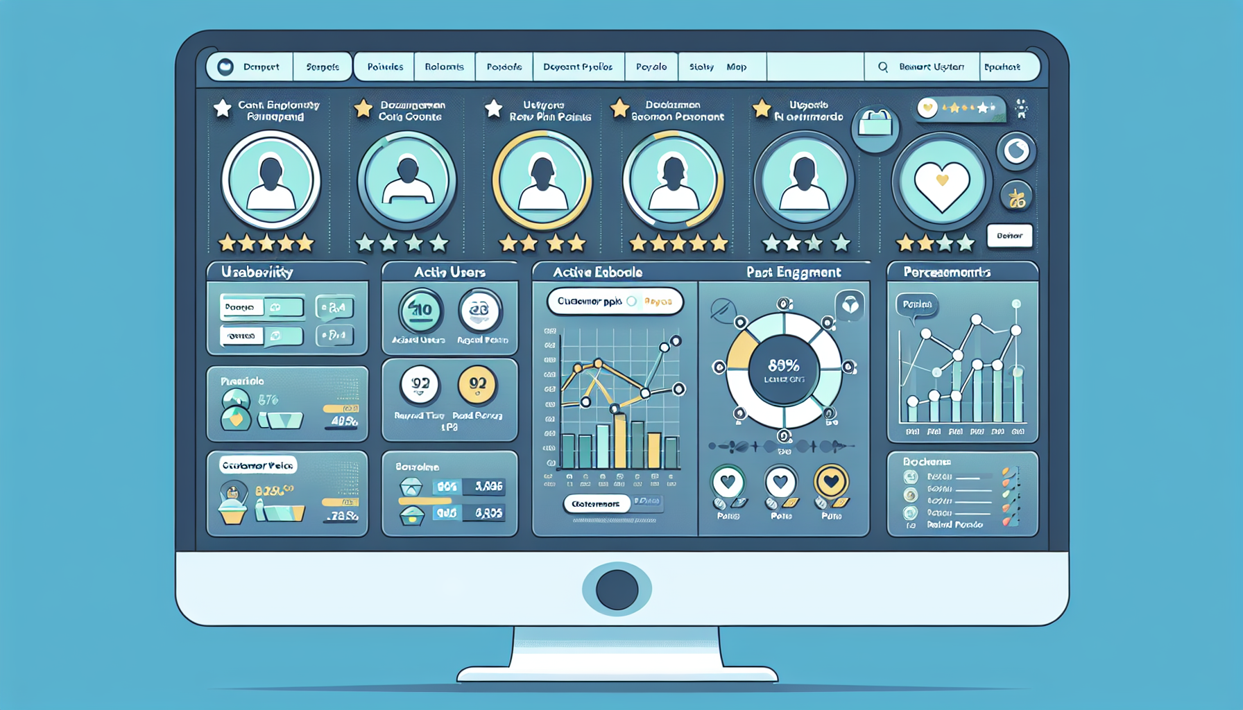 A computer screen displaying a detailed analytics dashboard with various charts, graphs, and user metrics of a customer retention software.